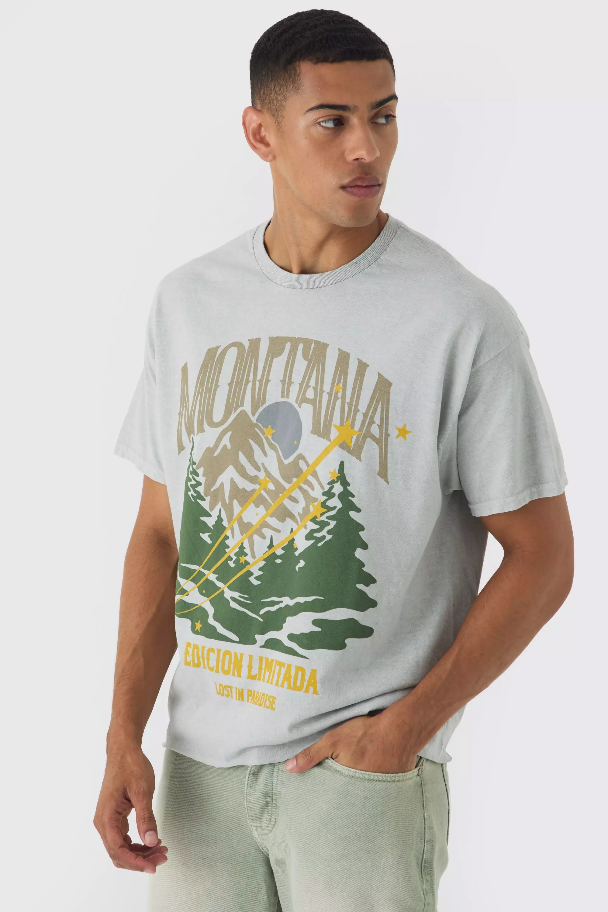 Stone Beige Oversized Boxy Montana Landscape Print Wash T-shirt