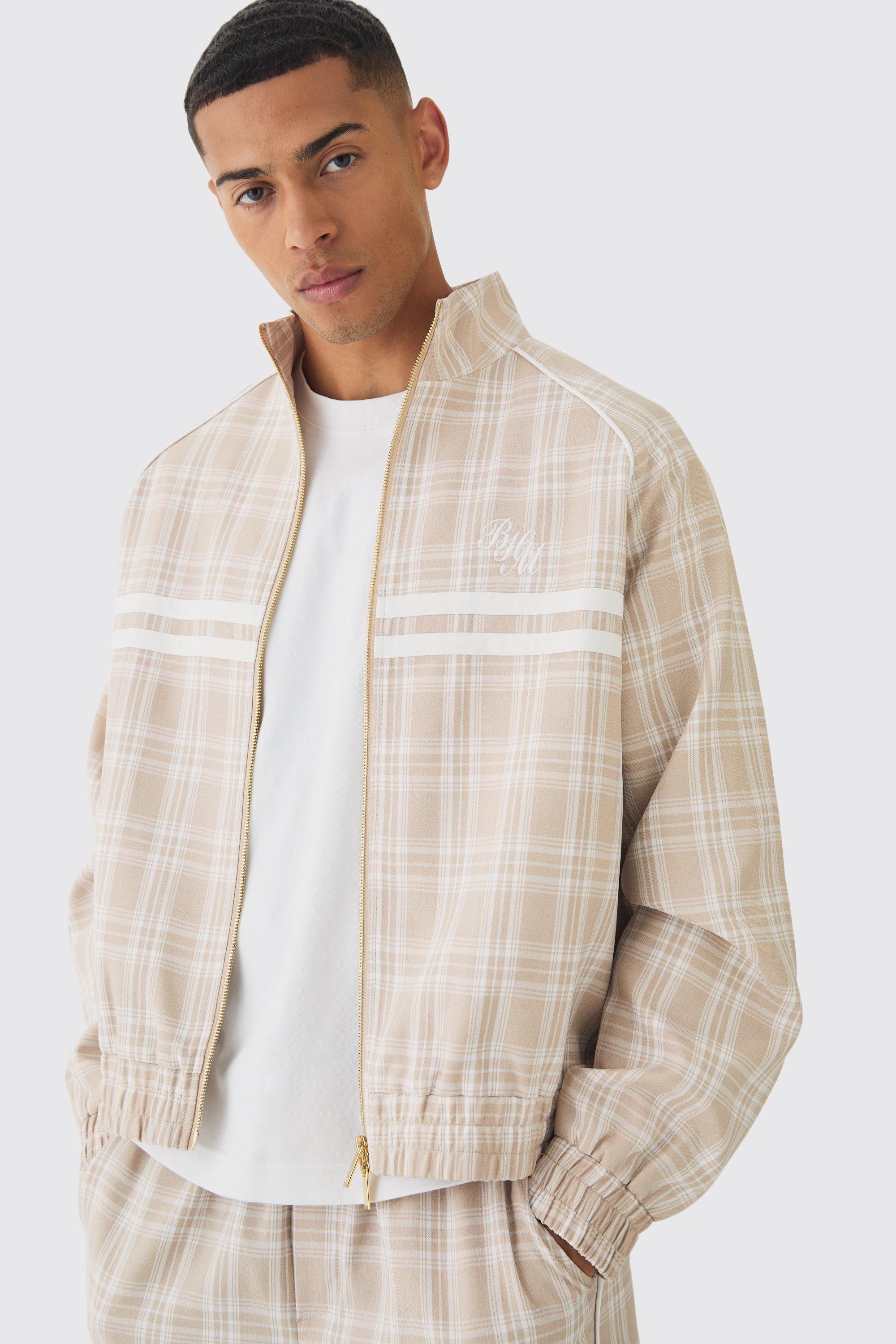 Beige Oversized Boxy Checked Funnel Neck Tracktop