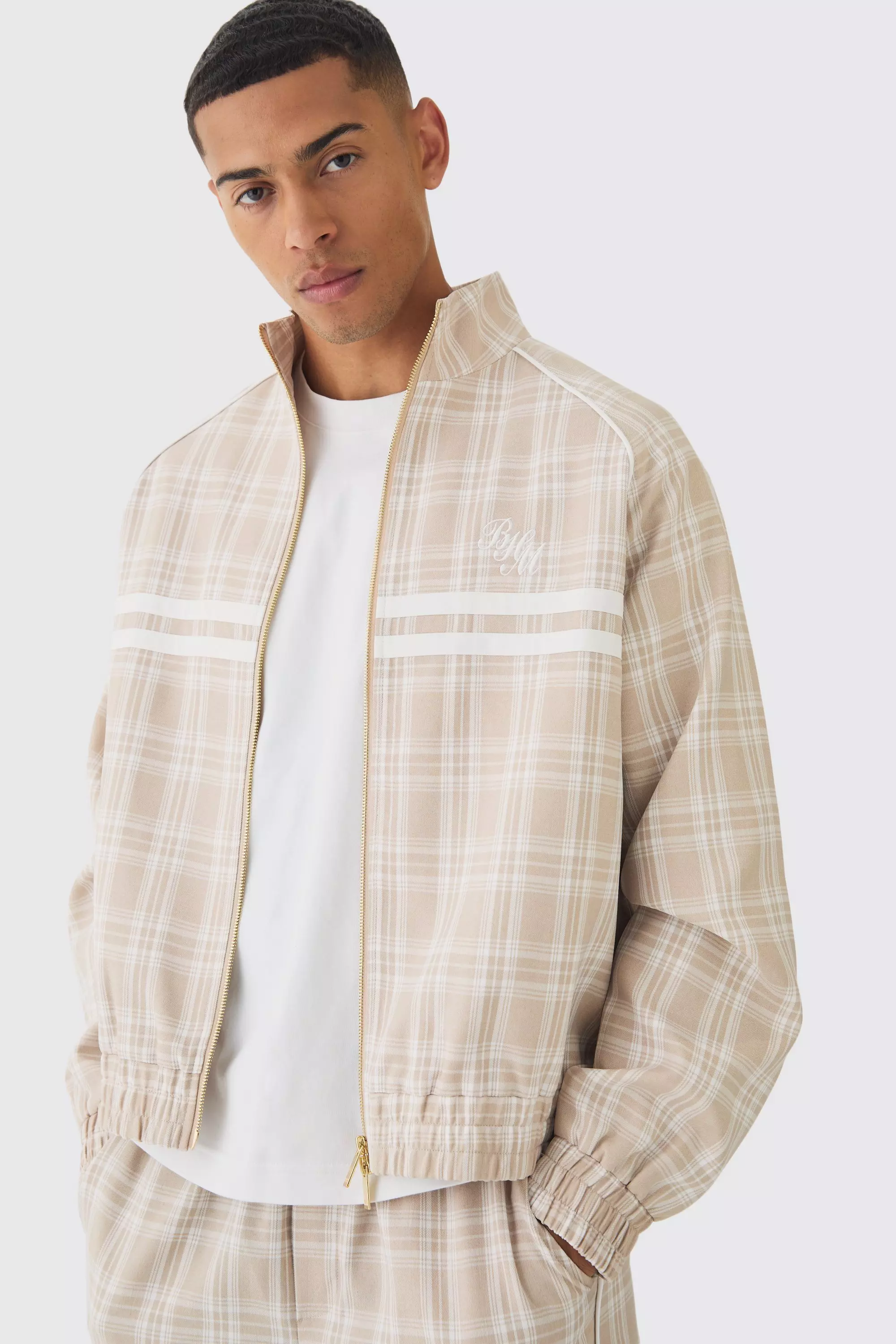 Beige Oversized Boxy Plaid Funnel Neck Tracktop