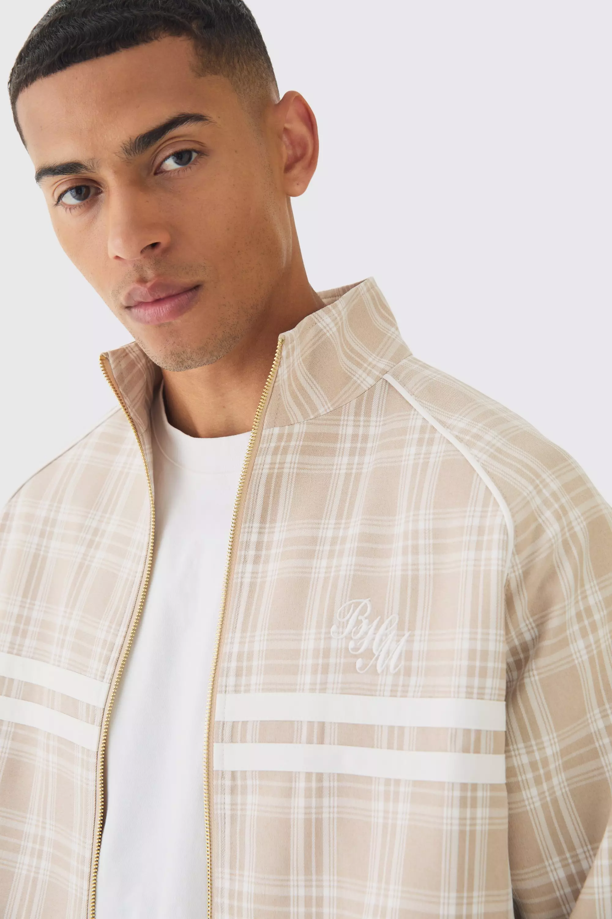 Beige Oversized Boxy Checked Funnel Neck Track Top alternative image
