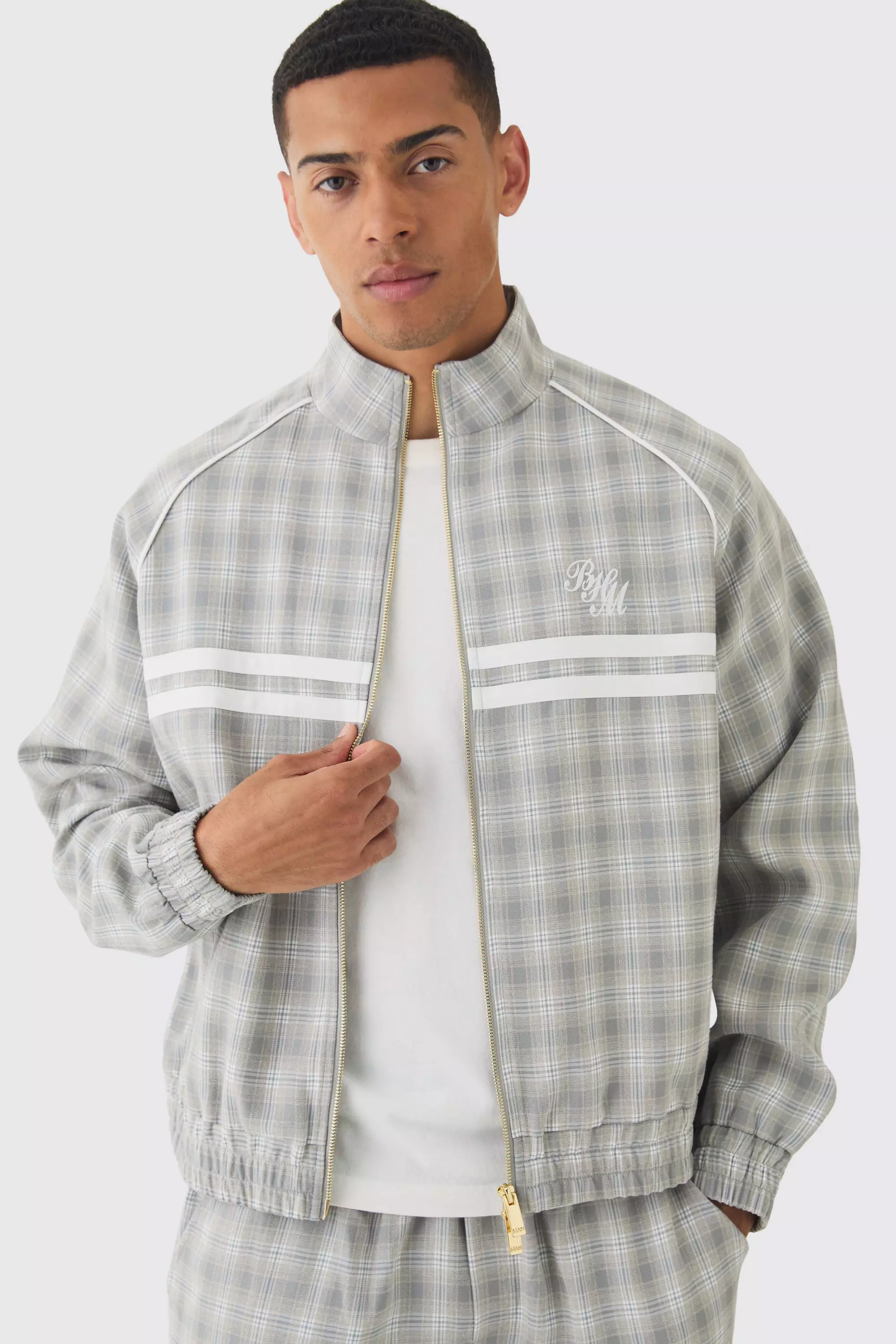 Light-grey Grey Oversized Boxy Checked Funnel Neck Tracktop