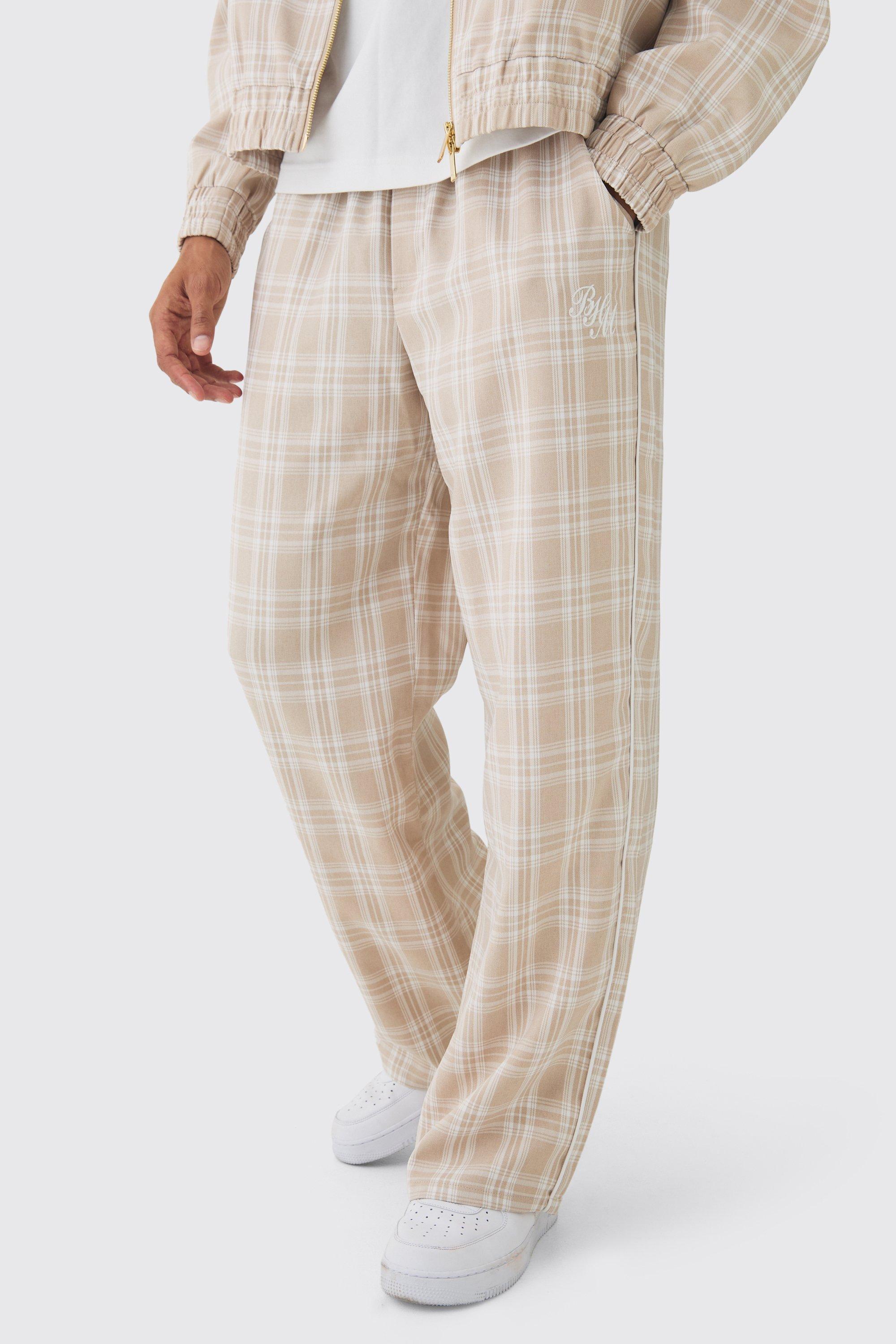 Beige Elasticated Waist Wide Leg Checked Trousers