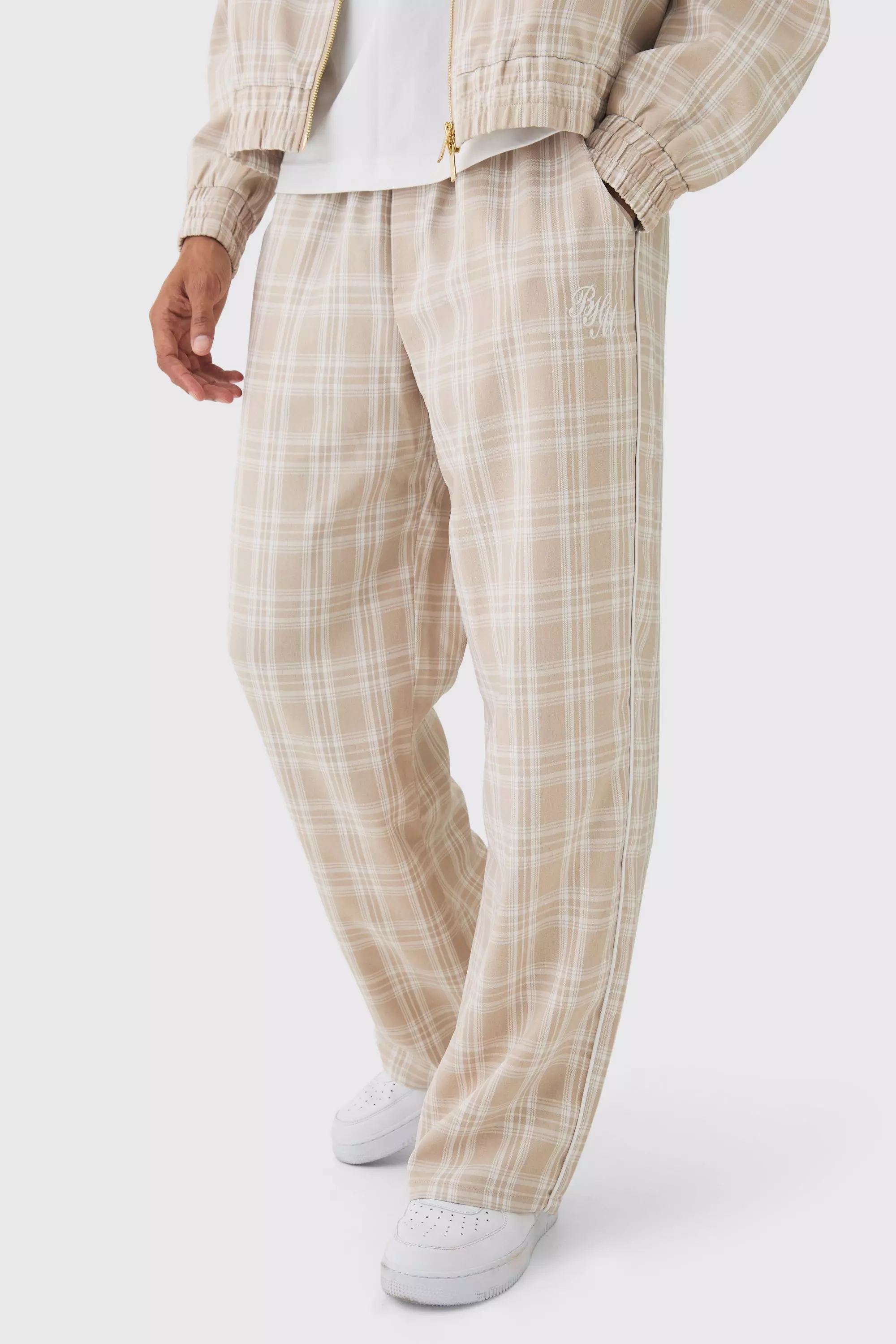 Elasticated Waist Wide Leg Plaid Pants Beige