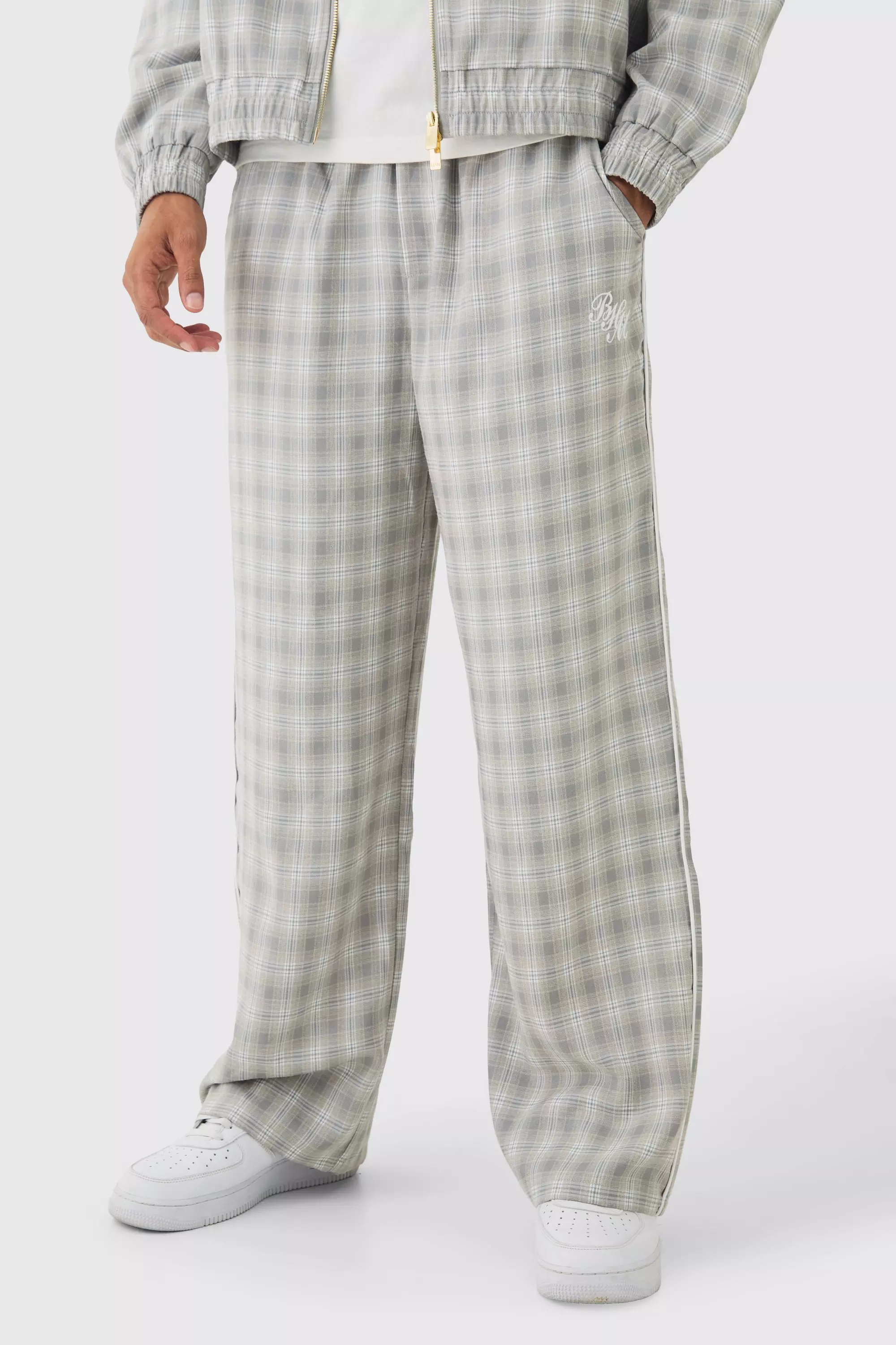 Light-grey Grey Elasticated Waist Wide Leg Checked Trousers