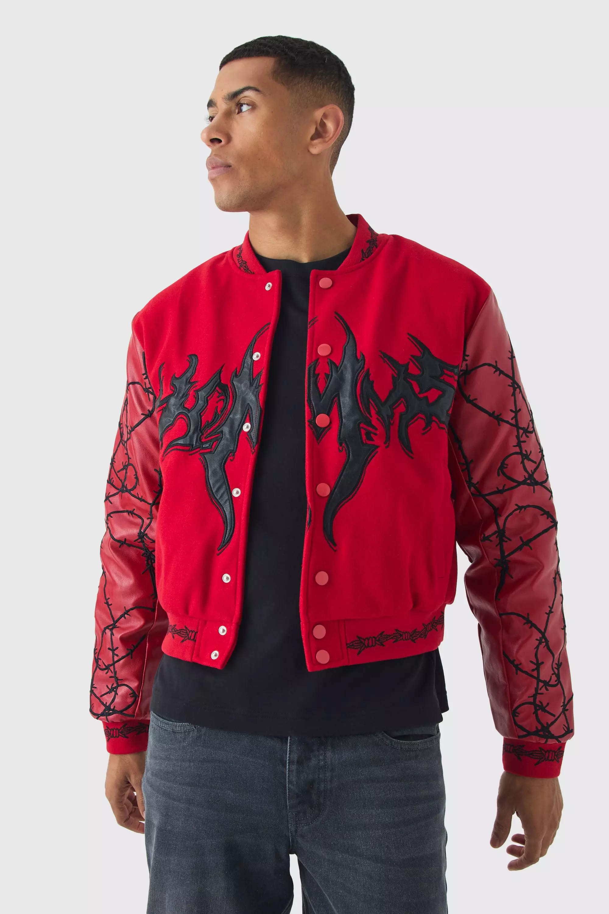 Red Boxy Homme Embroidered Sleeve Varsity Jacket