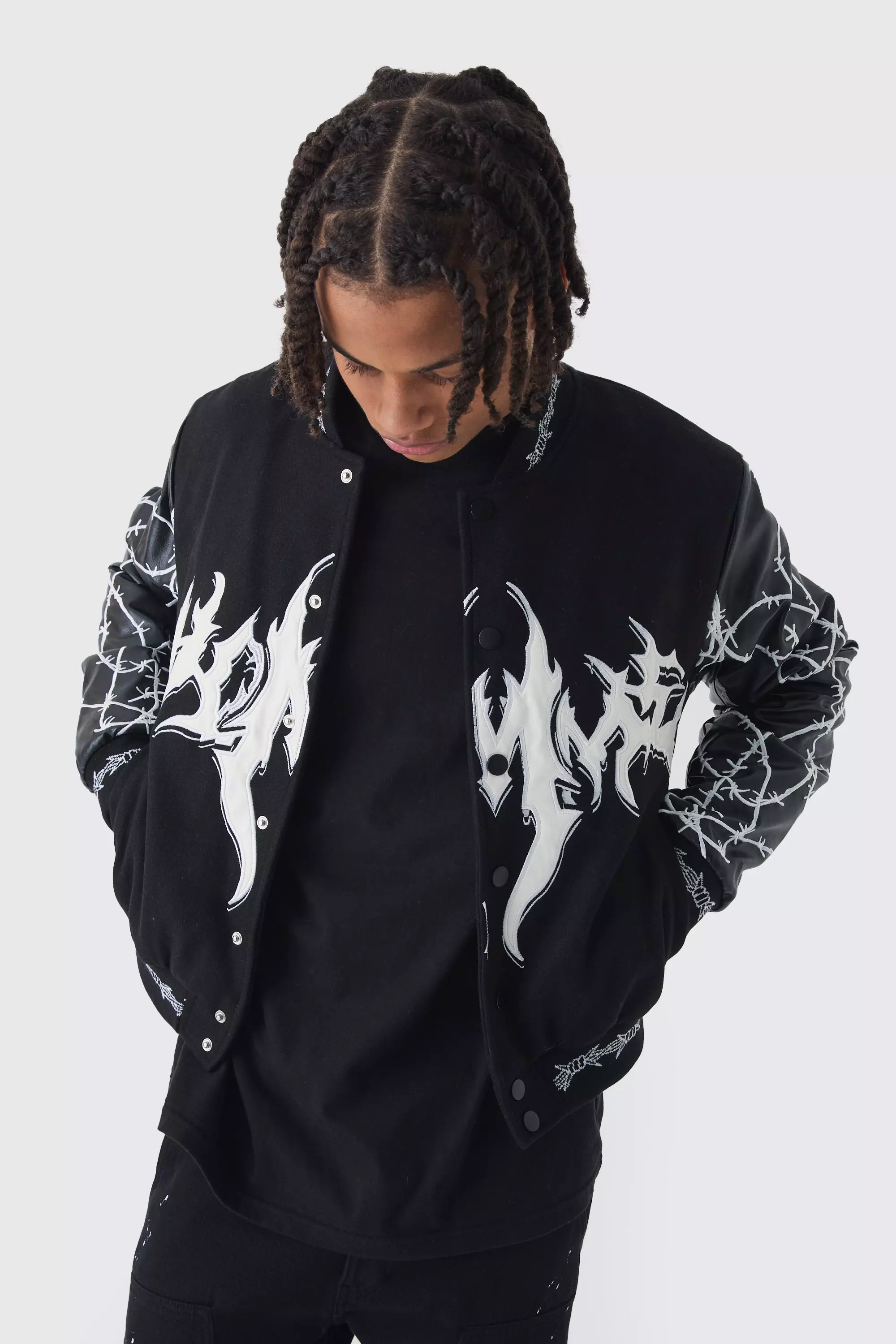 Boxy Homme Embroidered Sleeve Varsity Jacket In Black Black