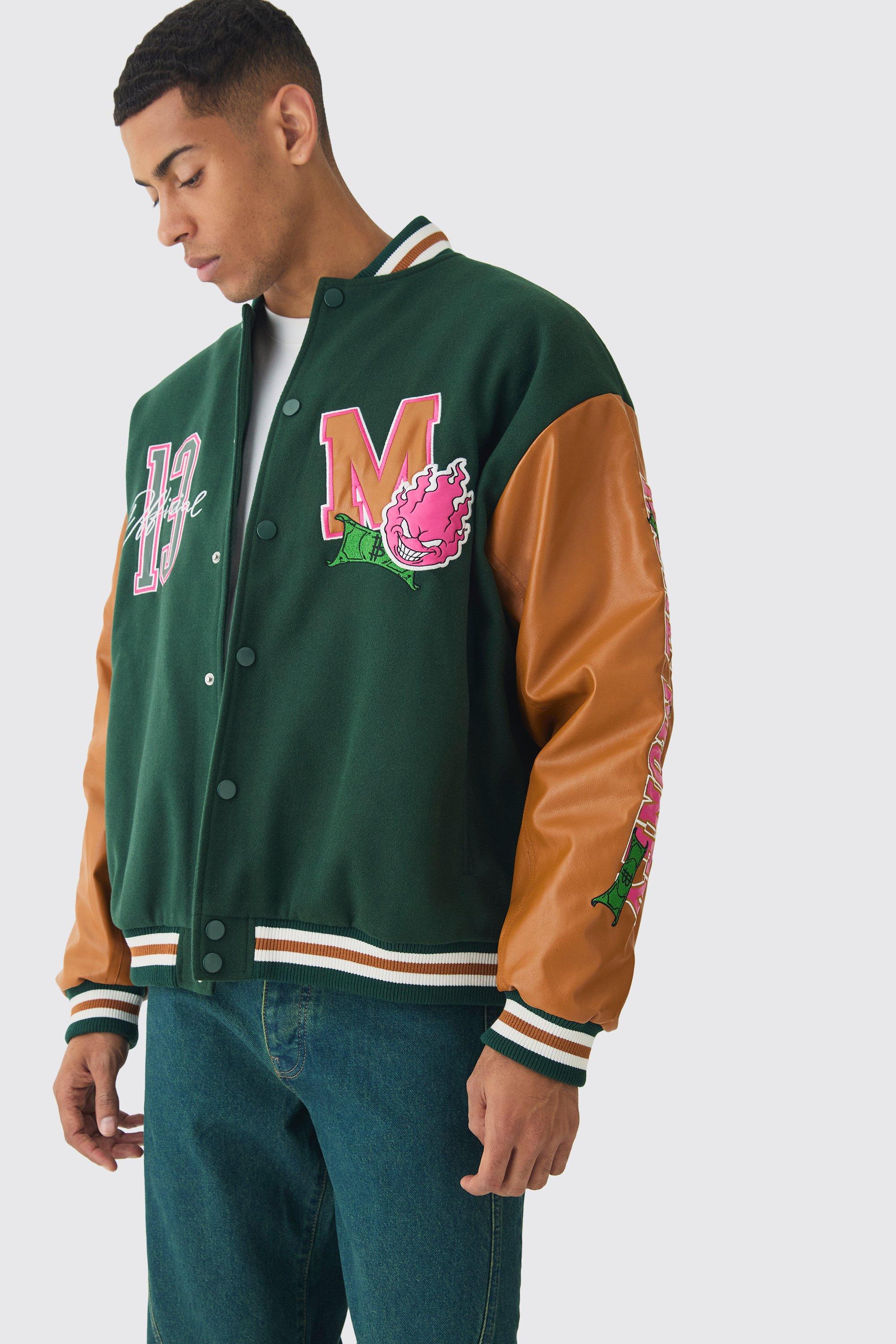 Oversized Official Badge Varsity Jacket In Green