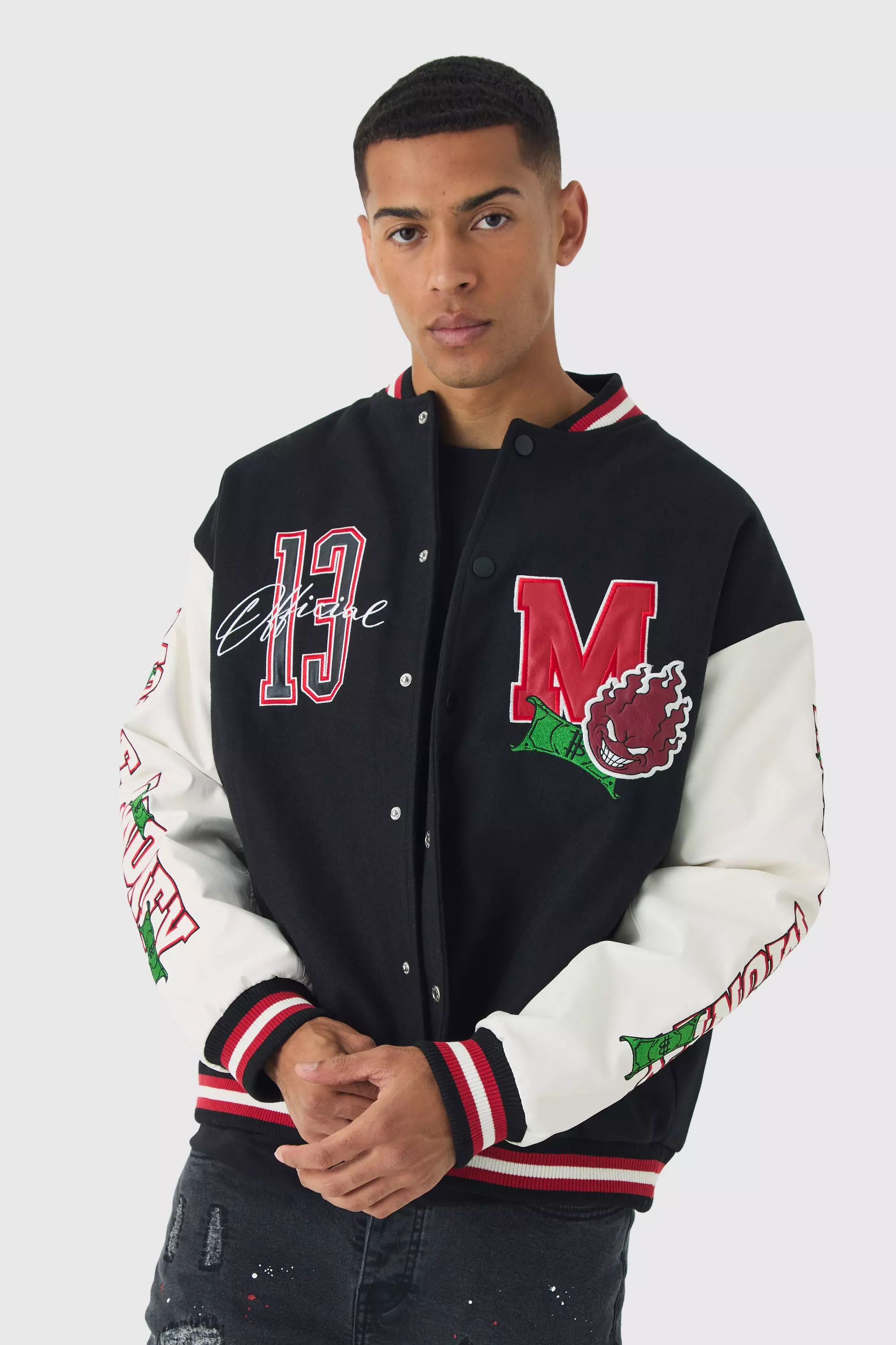 Oversized Official Badge Varsity Jacket In Black Black