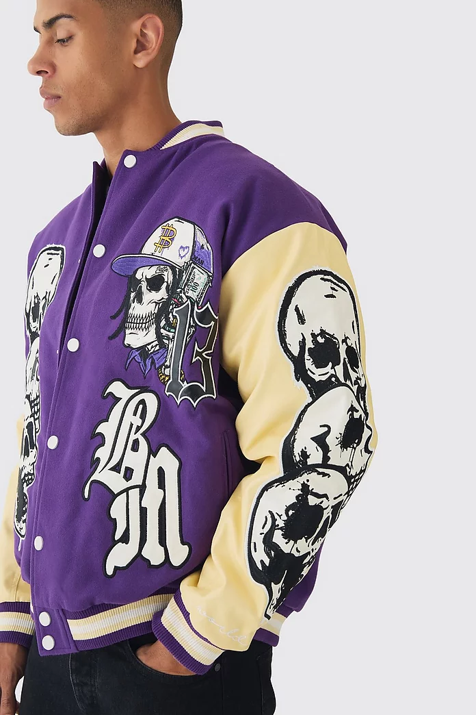 Oversized Limited Edition Skull Varsity Jacket | boohooMAN USA Oversized Limited Edition Skull Varsity Jacket | boohooMAN USA