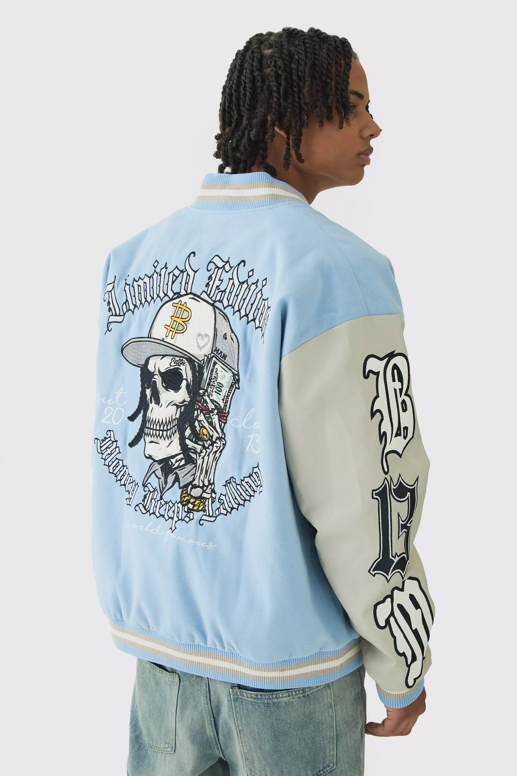 Blue Oversized Limited Edition Skull Varsity Jacket In Blue