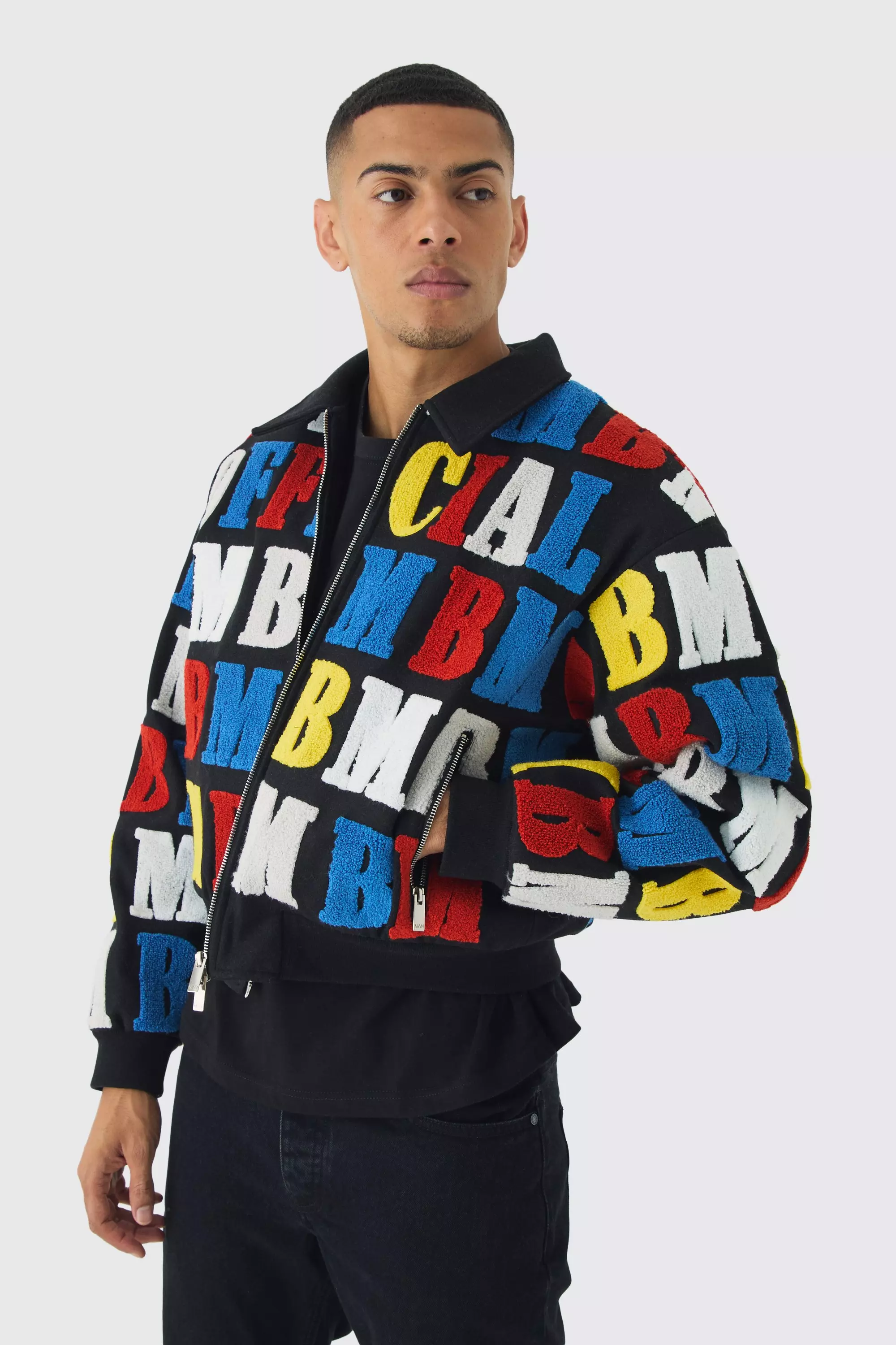 Boxy Letter Badge Collared Varsity Jacket In Black alternative image