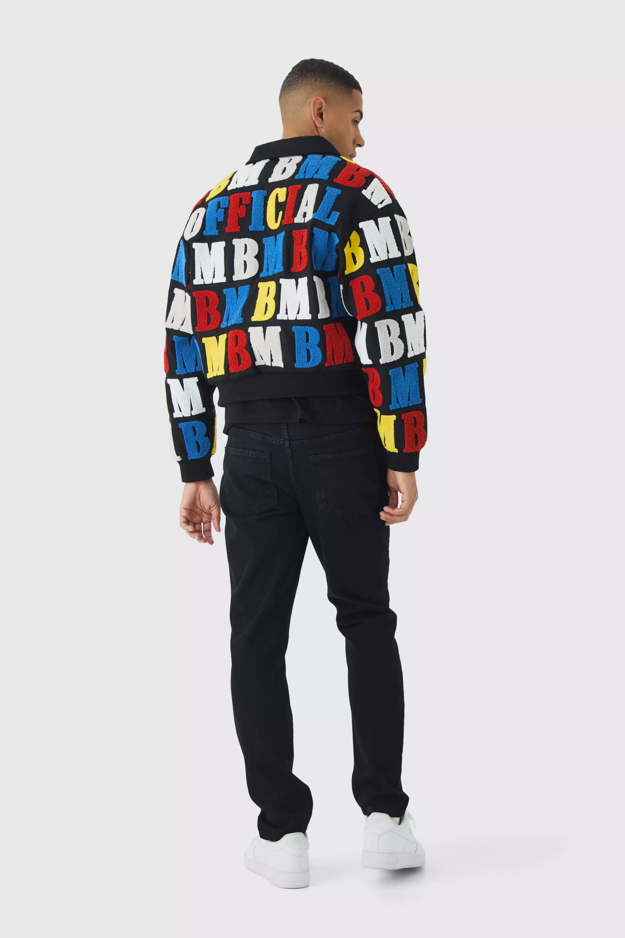 Boxy Letter Badge Collared Varsity Jacket In Black alternative image