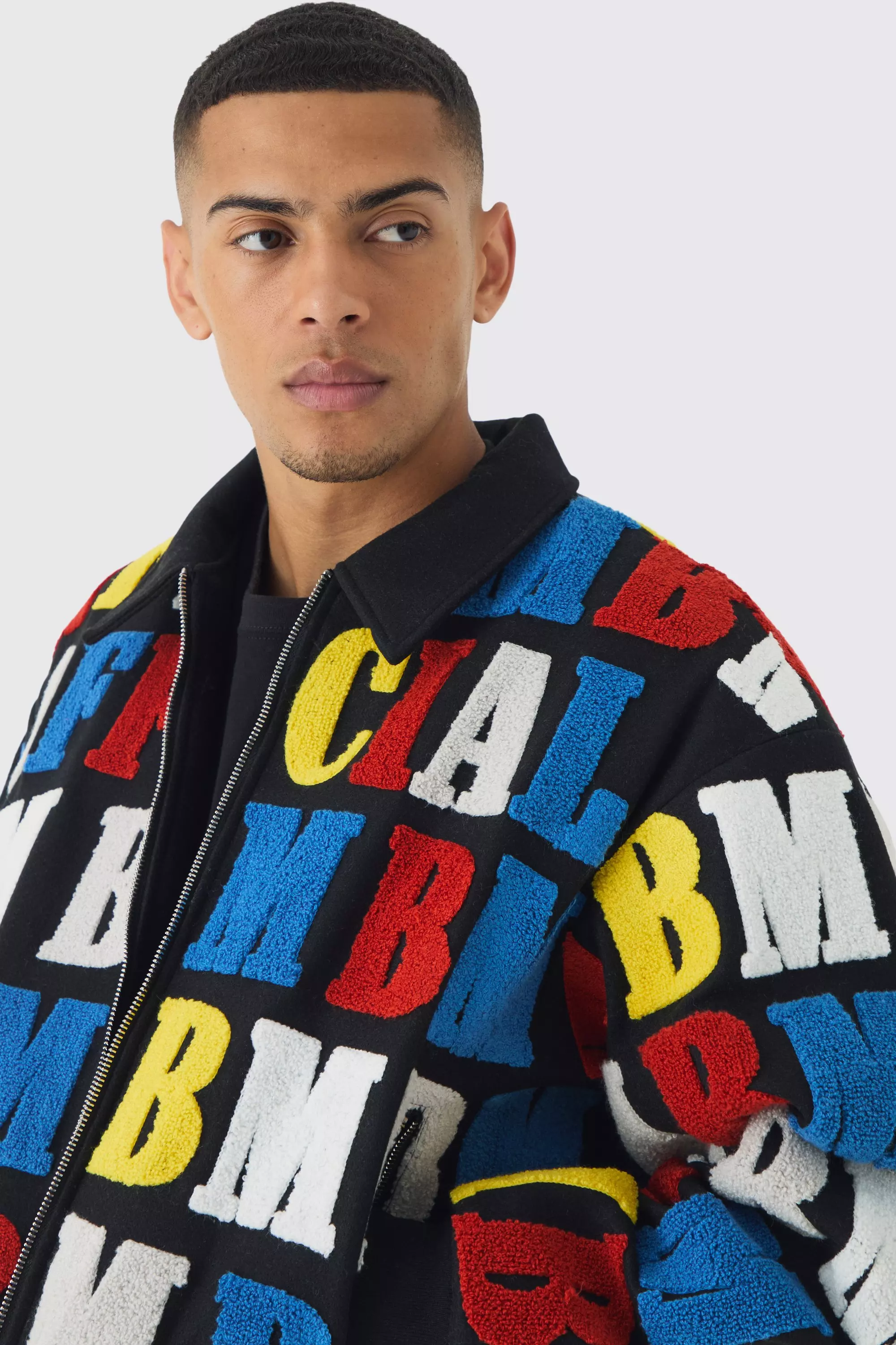 Boxy Letter Badge Collared Varsity Jacket In Black alternative image