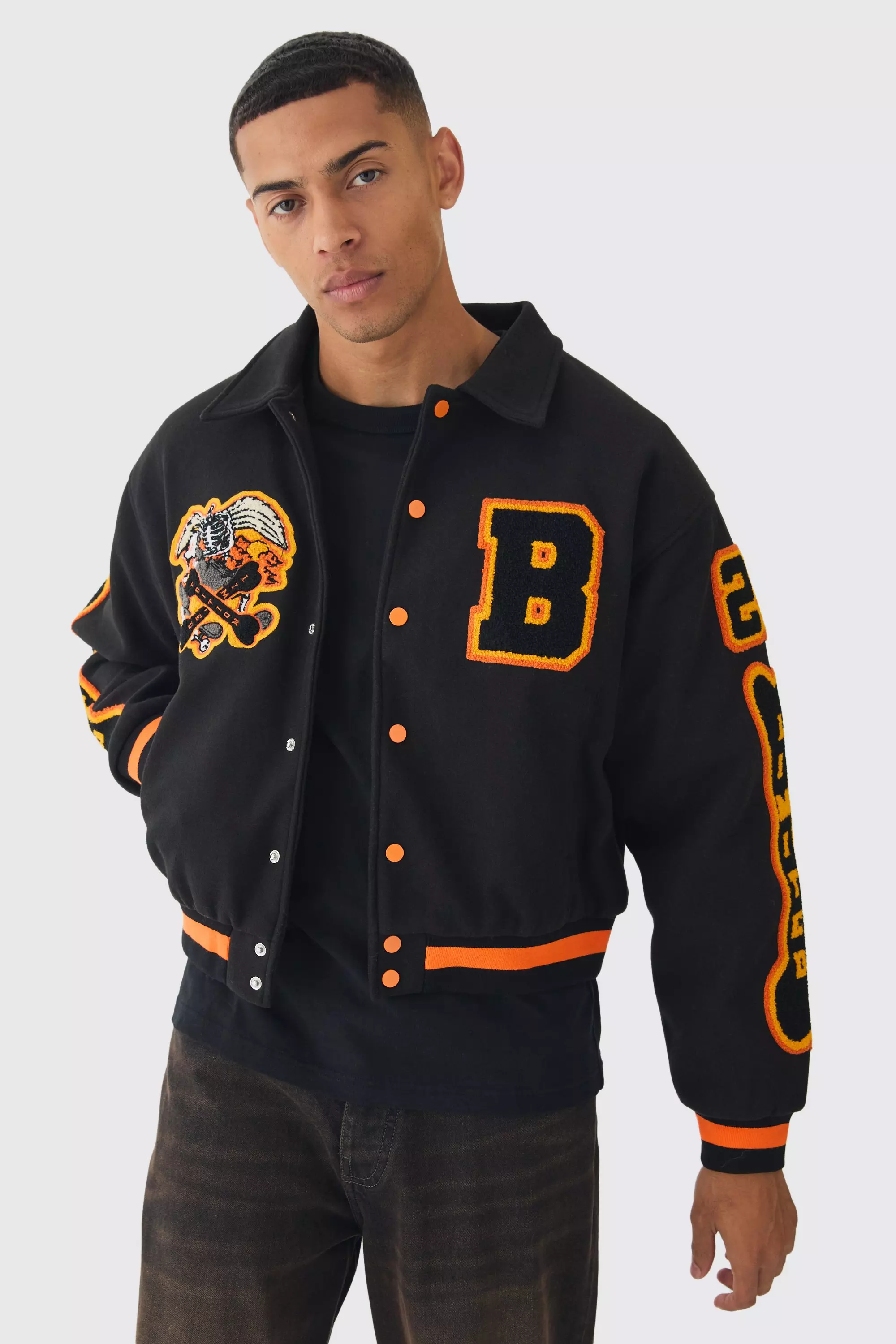 Boxy Badge Collared Varsity Jacket In Black Black