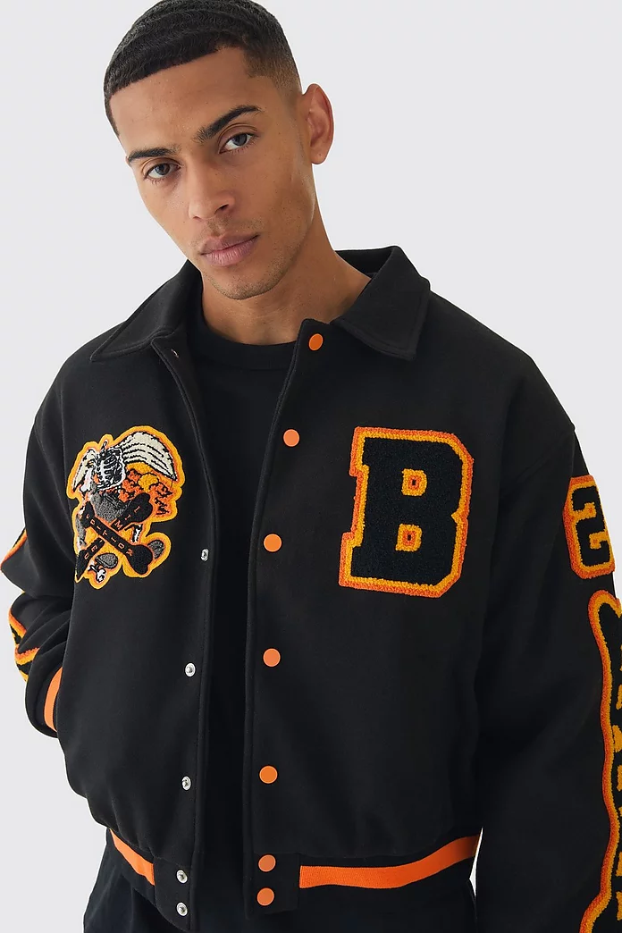 Boxy Badge Collared Varsity Jacket In Black | boohooMAN USA Boxy Badge Collared Varsity Jacket In Black | boohooMAN USA