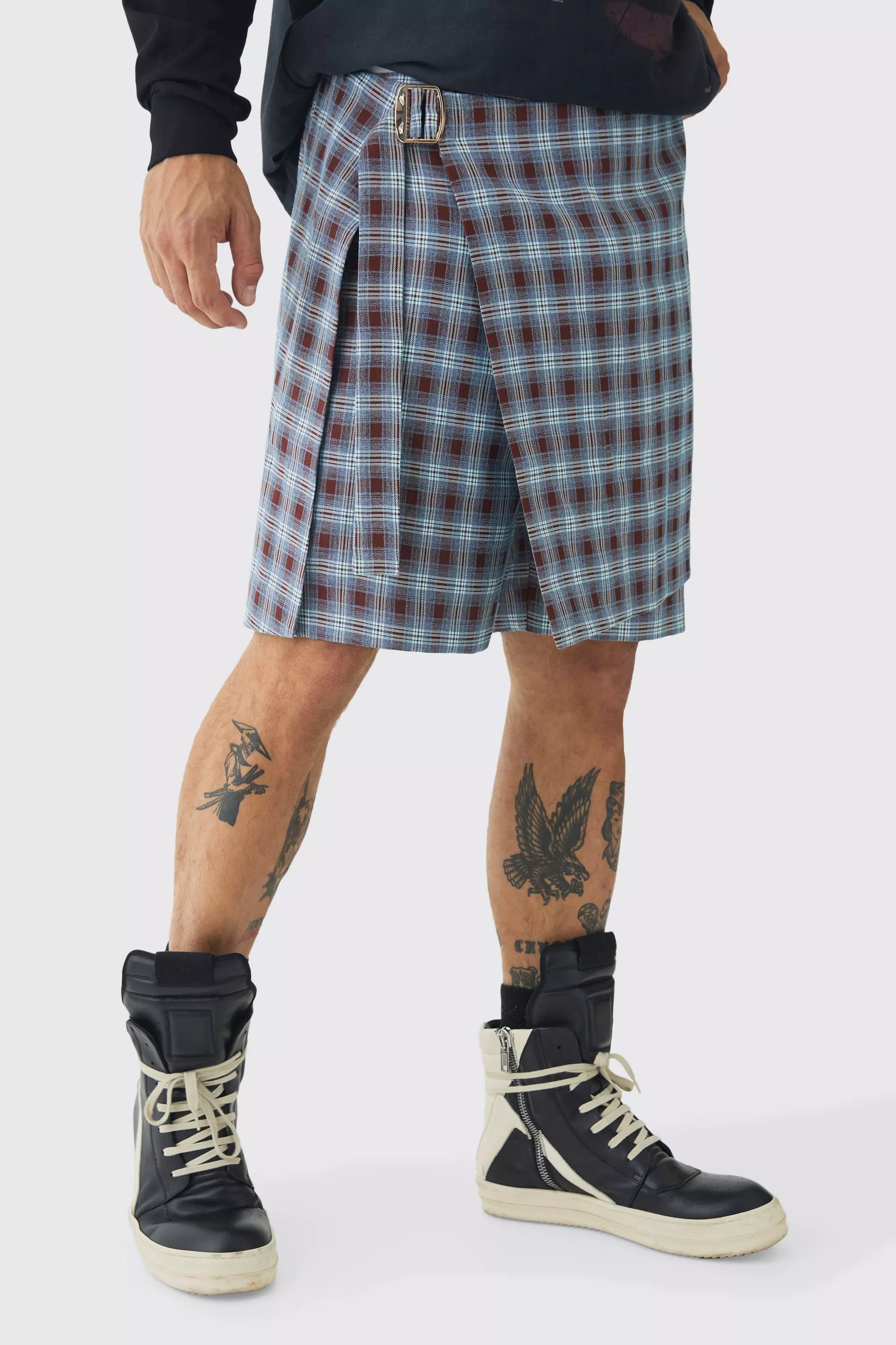 Tailored Plaid Shorts With Skirt Overlay Multi