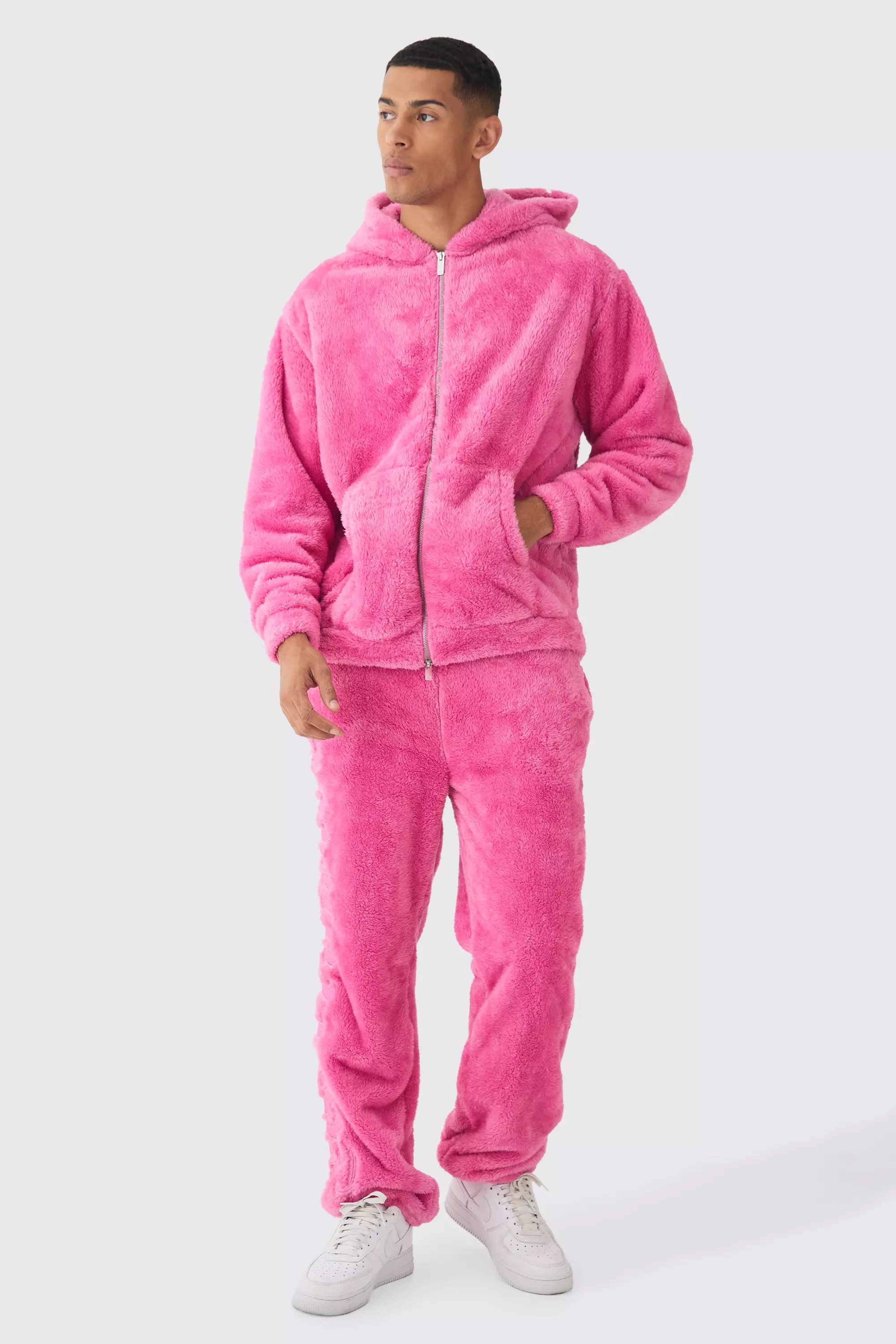 Pink Oversized Worldwide Large Applique Teddy Borg Hooded Tracksuit