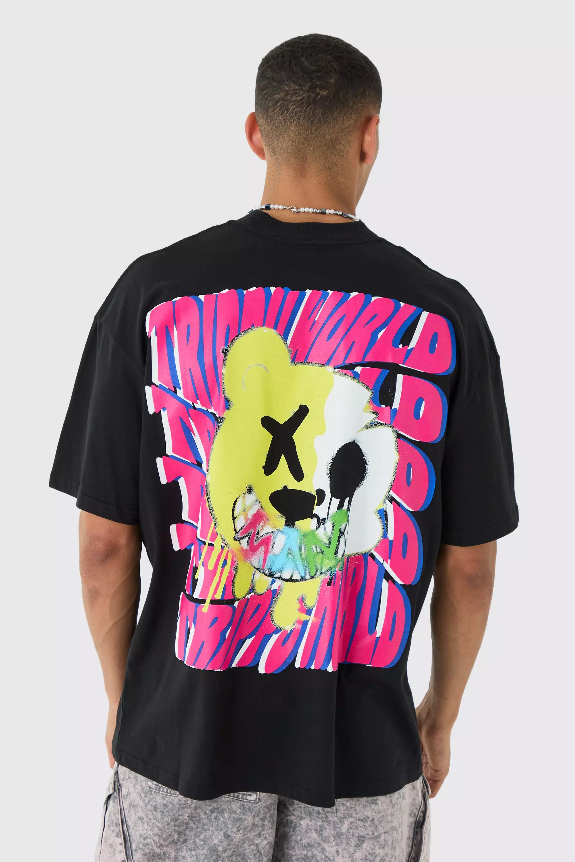 Oversized Trippy Bear Graphic T-shirt Black