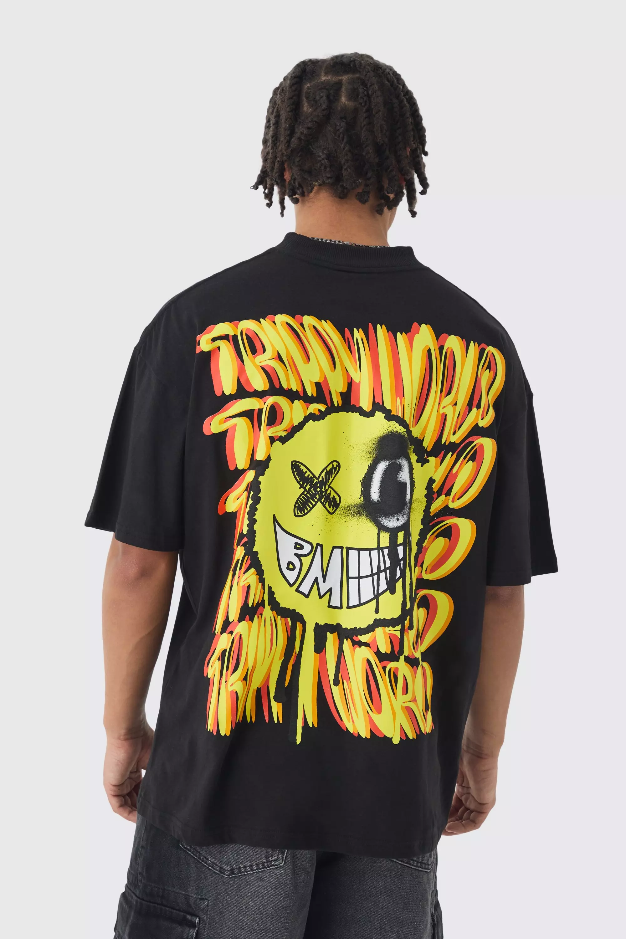 Oversized Trippy Smiley Face Graphic T-shirt Black