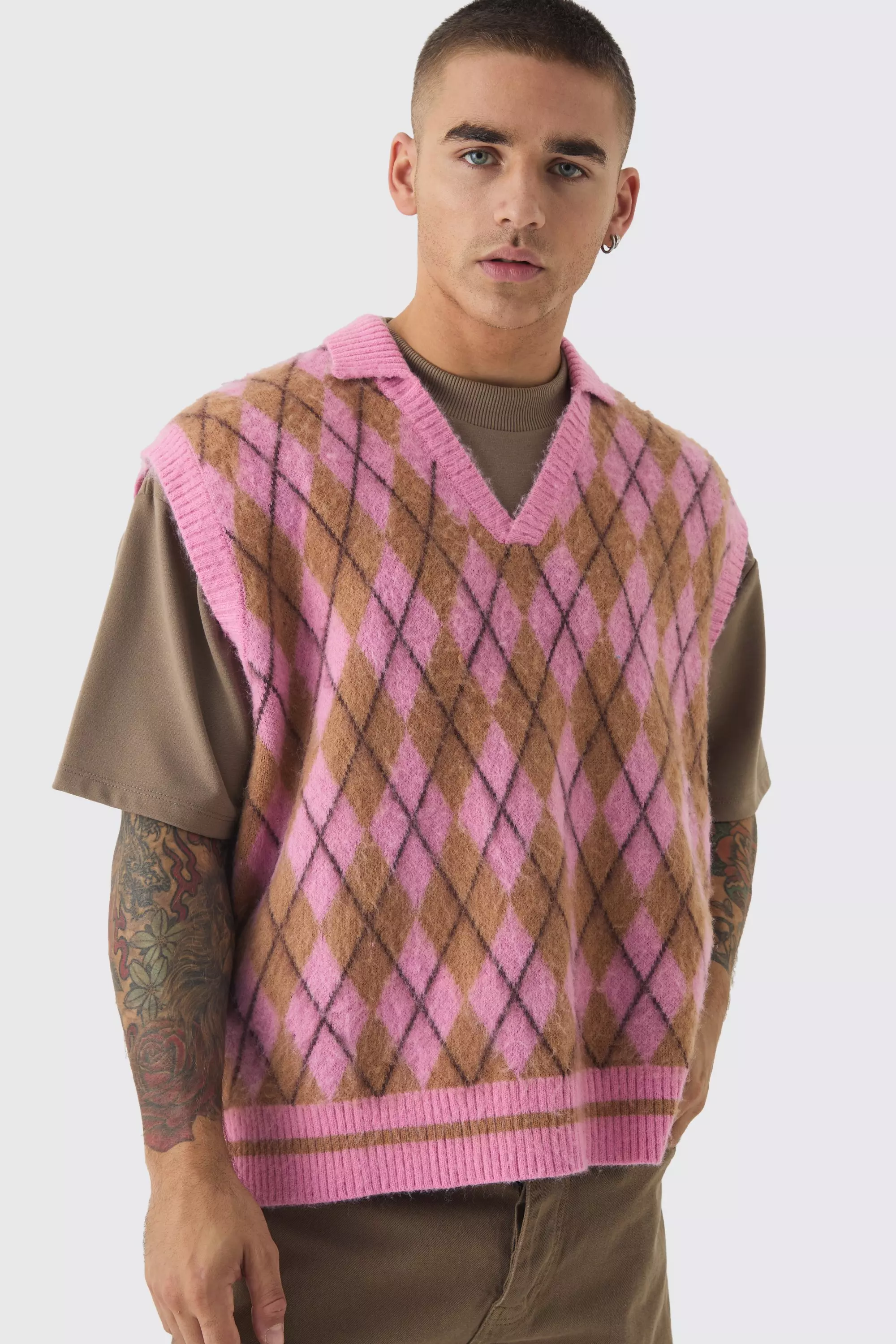 Oversized V Neck Argyle Fluffy Knit Vest Light pink