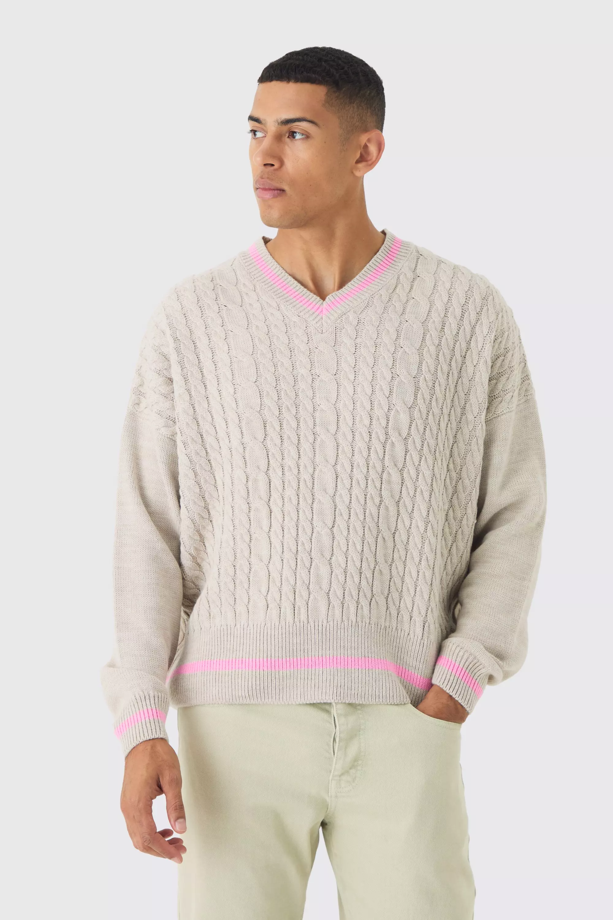 Stone Oversized Boxy Cable Knit V Neck Sweater alternative image