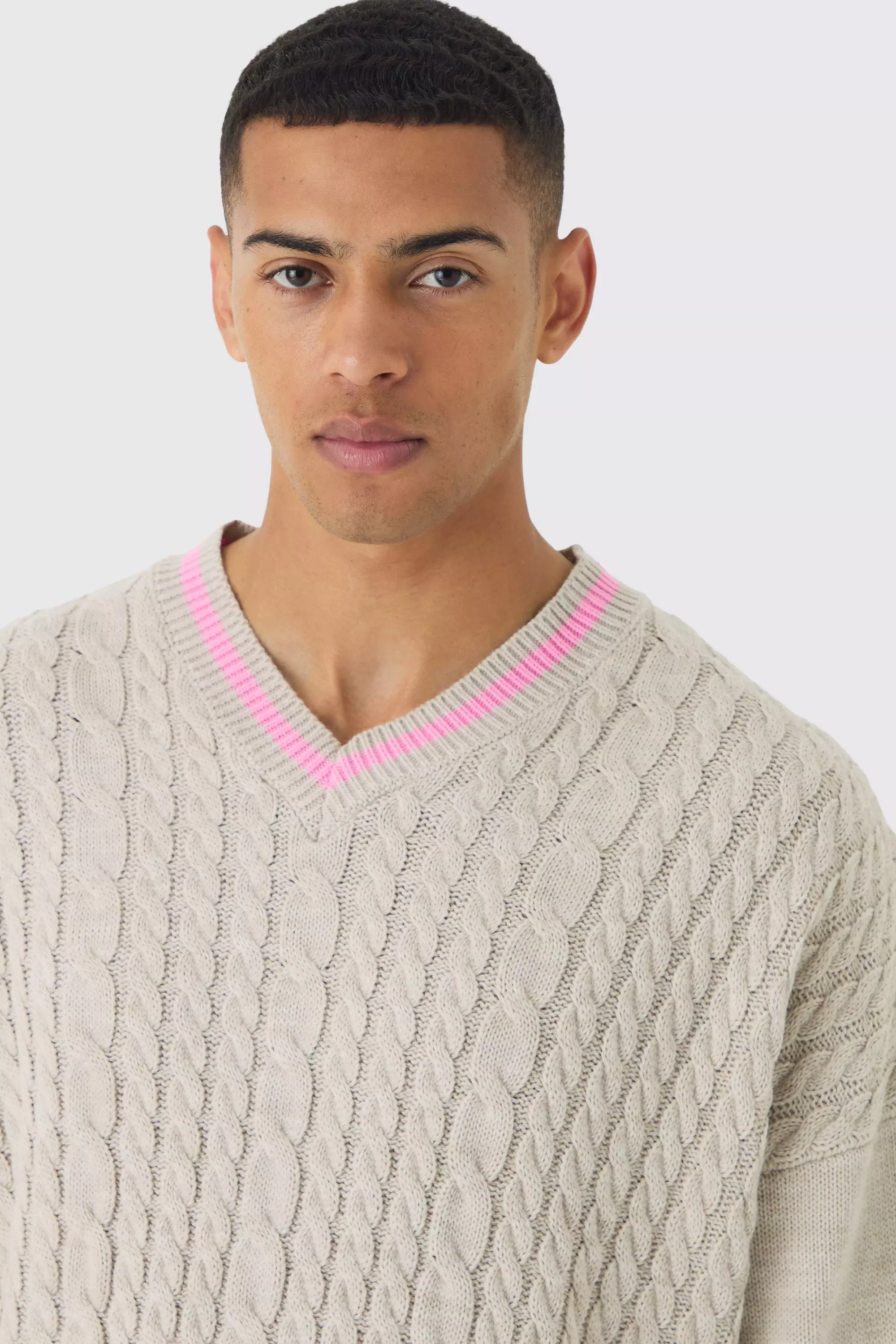 Stone Oversized Boxy Cable Knit V Neck Sweater alternative image