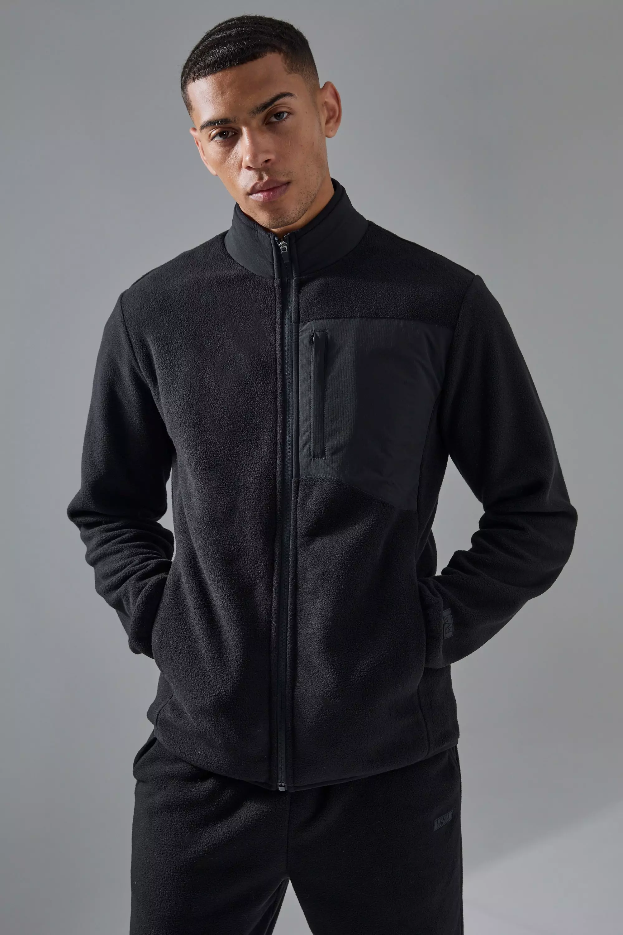 Man Active Fleece Zip Thru Track Top Black