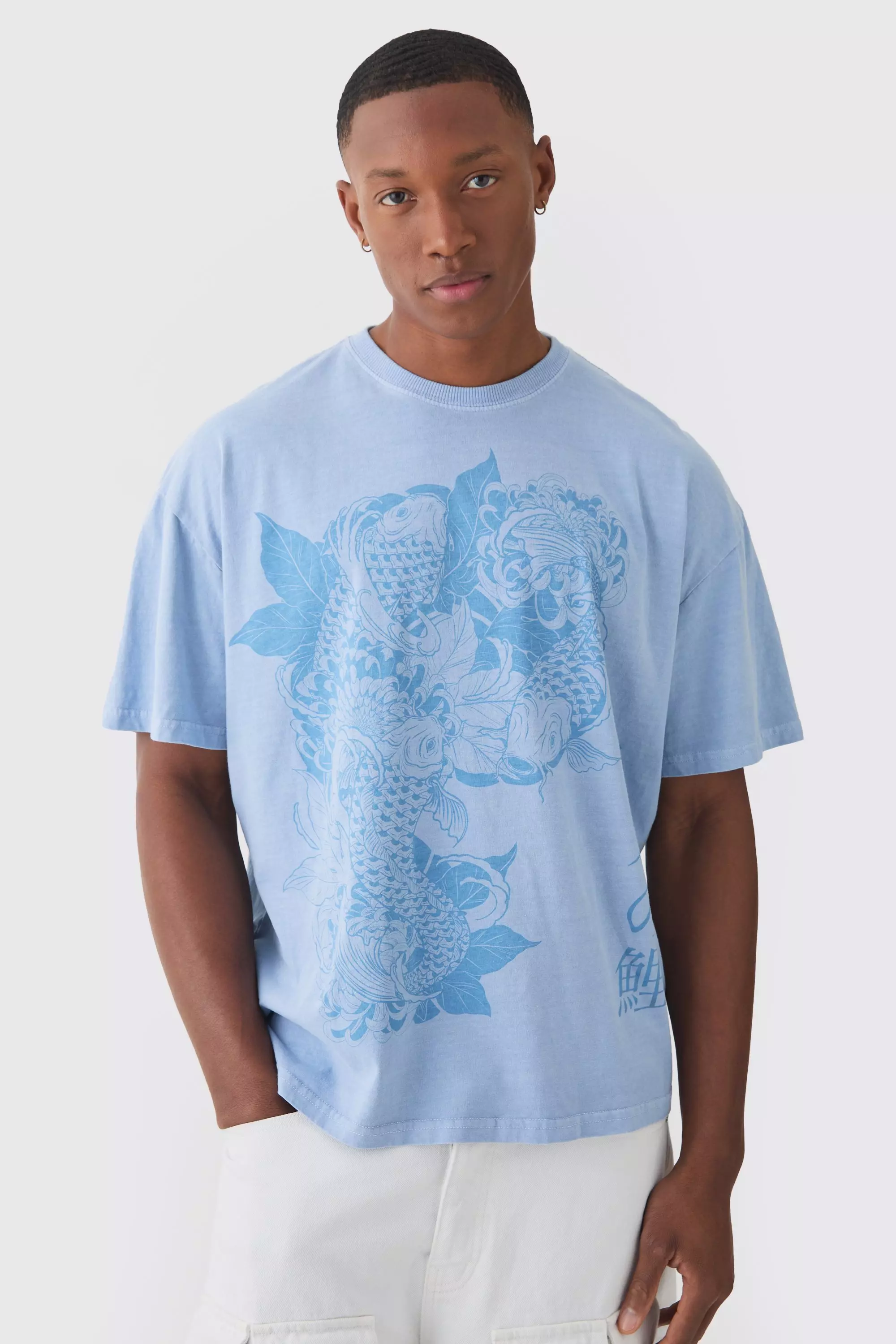 Blue Boxy Floral Print Washed T-shirt