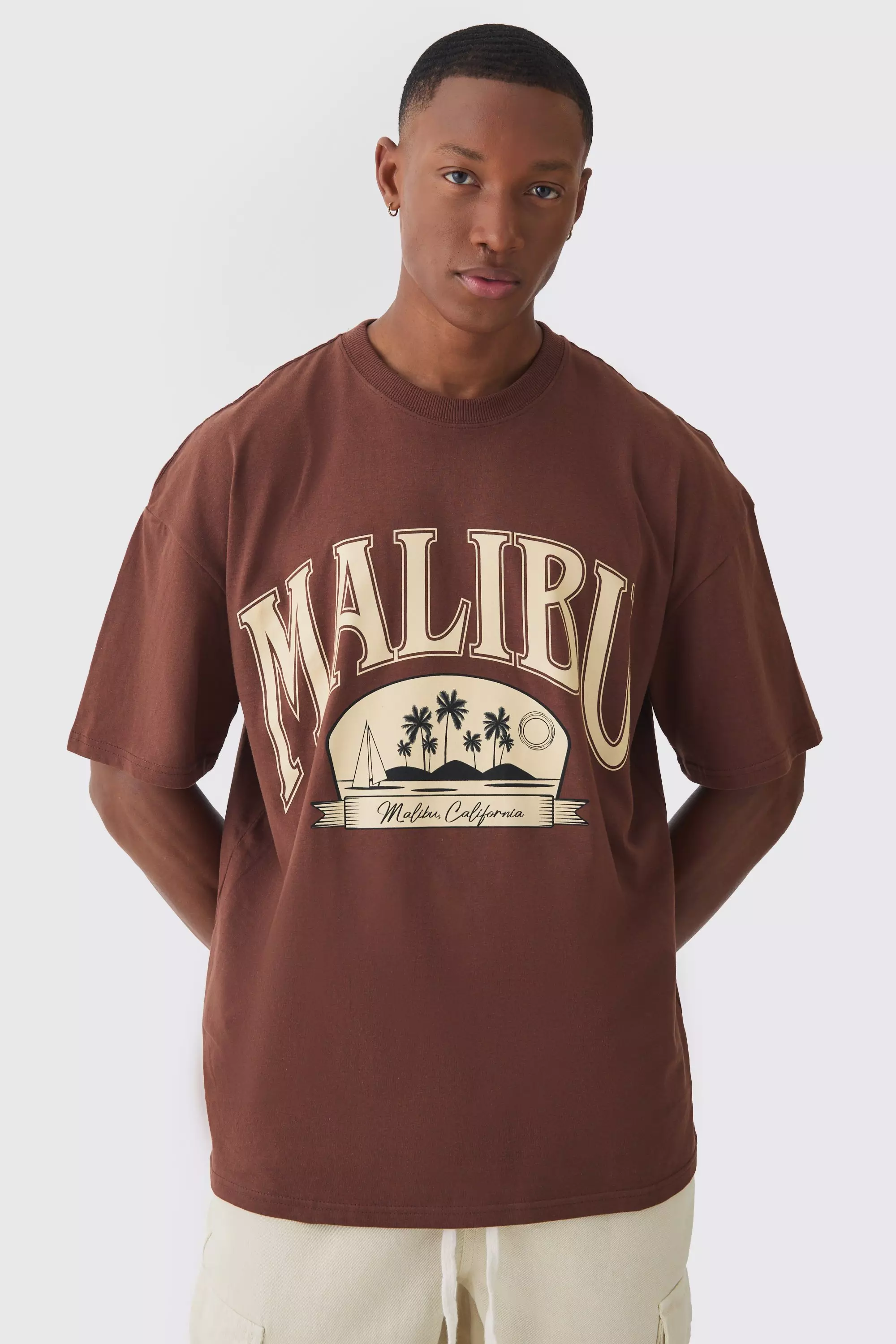 Chocolate Brown Oversized Extended Neck Malibu Print Wash T-shirt