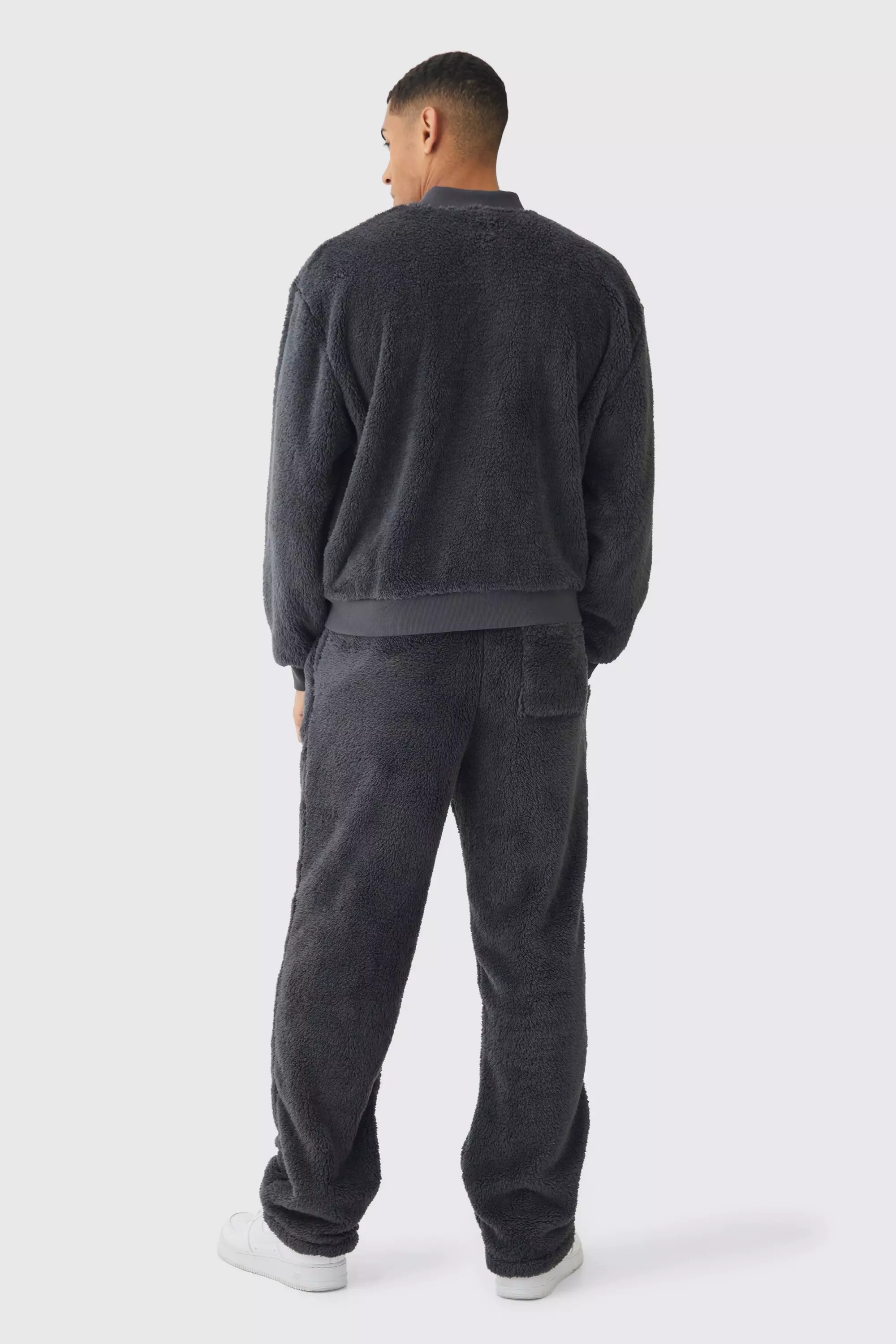 boohoo Women s Oversized Boxy Woven Label Teddy Borg Bomber Jacket Black Sweatshirts