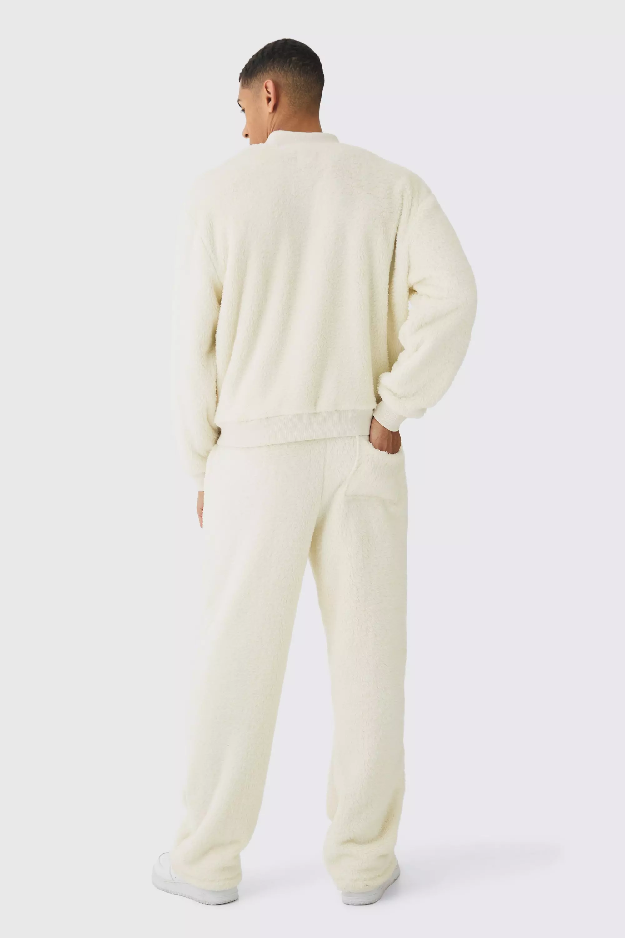 boohoo Women s Oversized Boxy Woven Label Teddy Borg Bomber Jacket White Sweatshirts