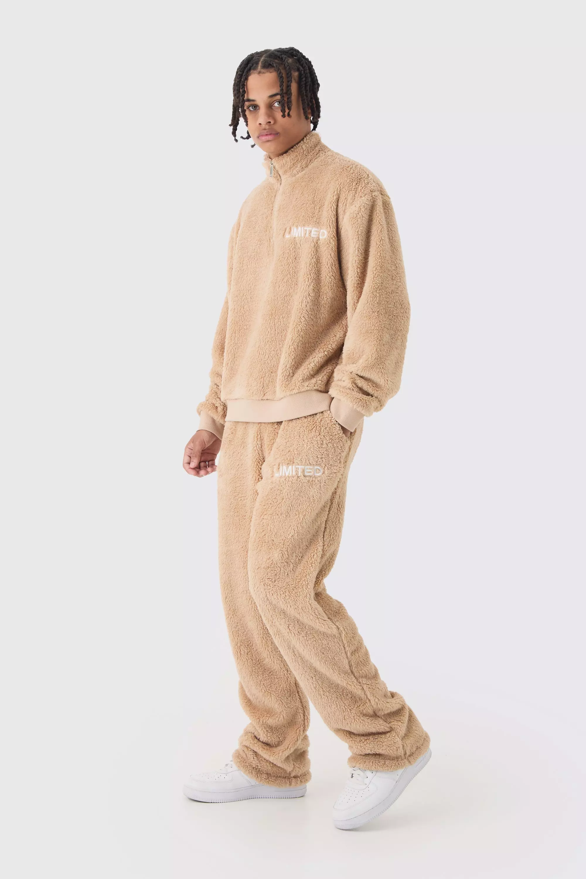 Stone Beige Oversized Boxy 1/4 Zip Limited Edition Teddy Borg Sweat Tracksuit