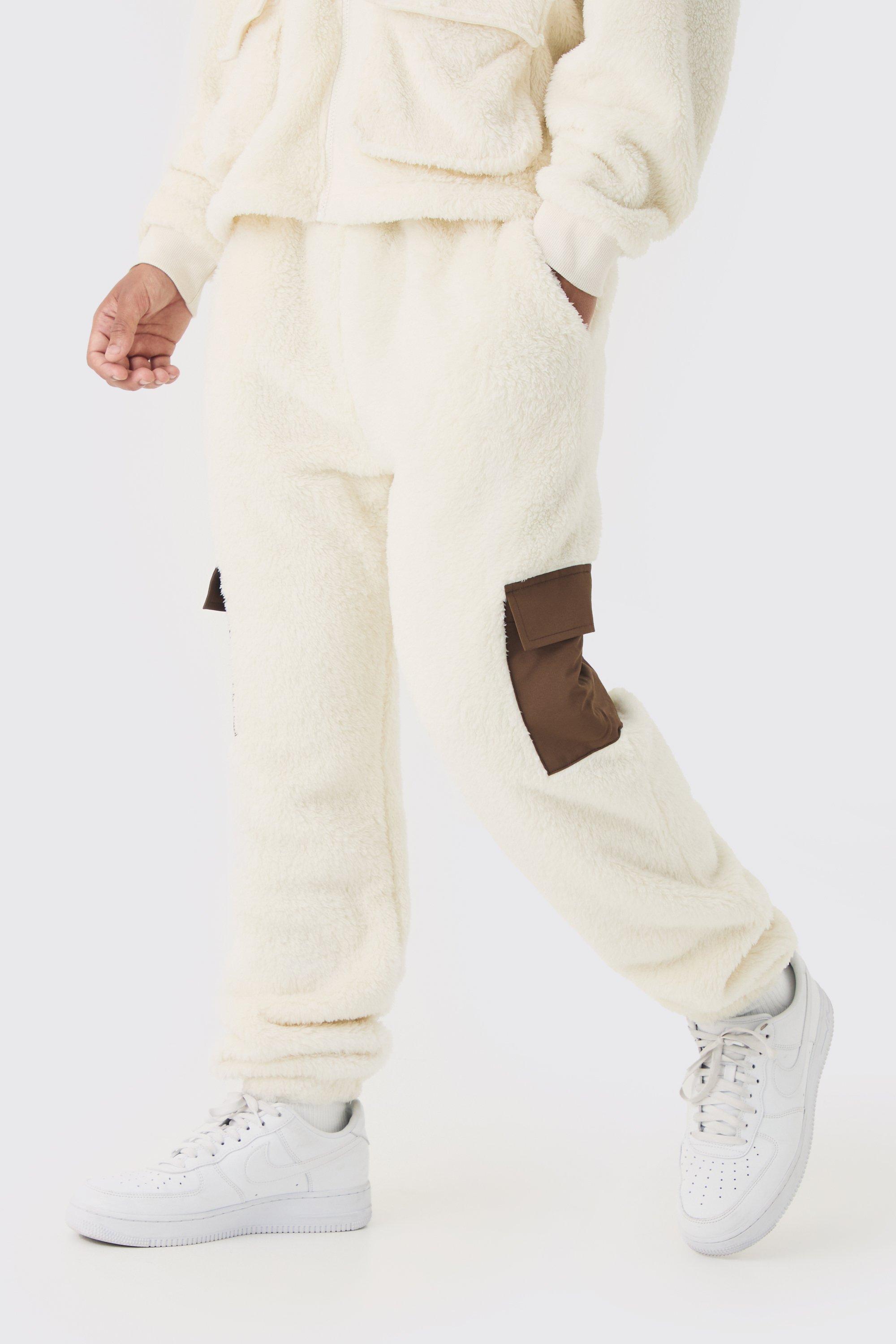 BoohooMAN Mens Regular Fit Teddy Borg Nylon Pocket Sweatpants Cream