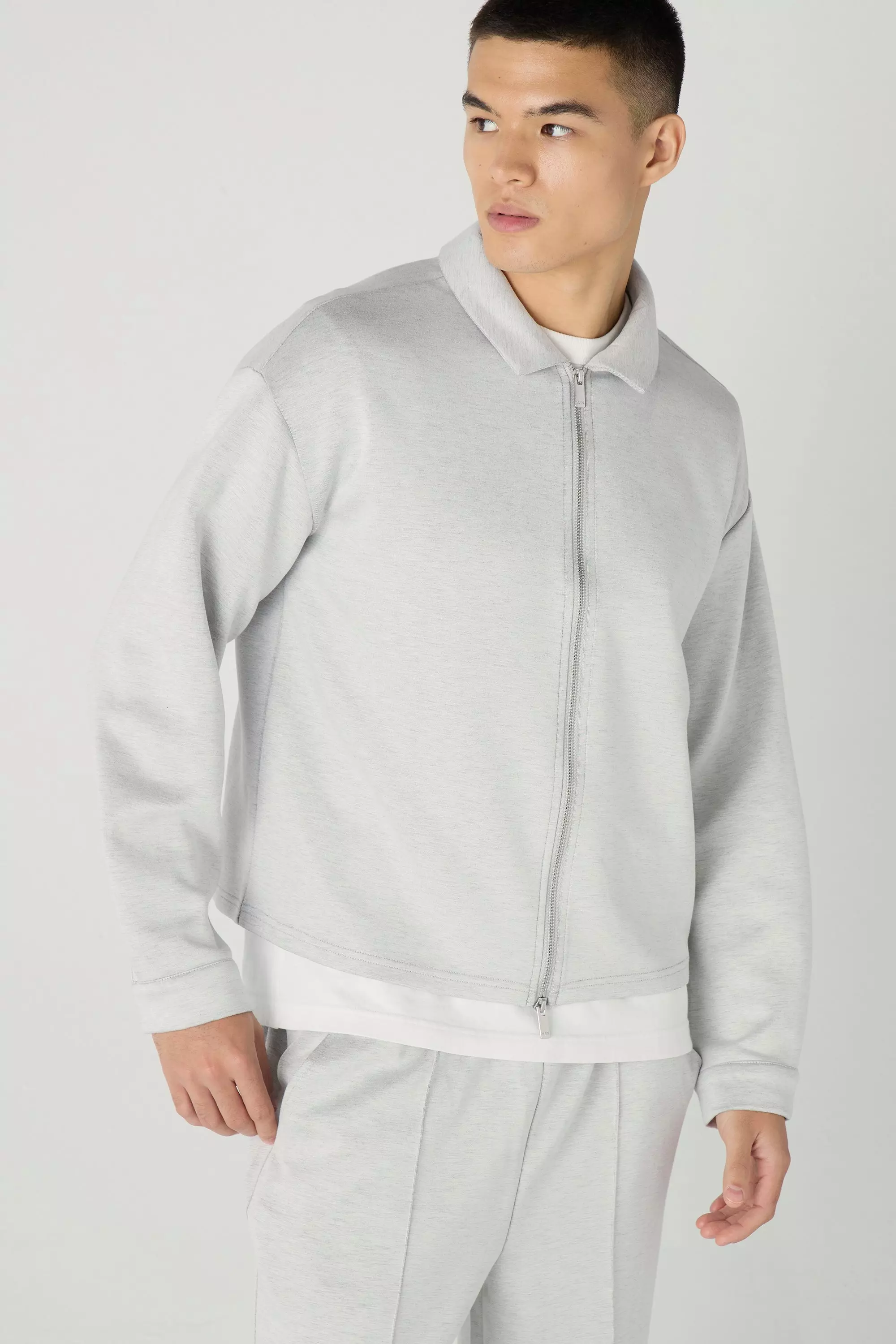 Oversized Boxy Zip Through Scuba Shirt Grey marl