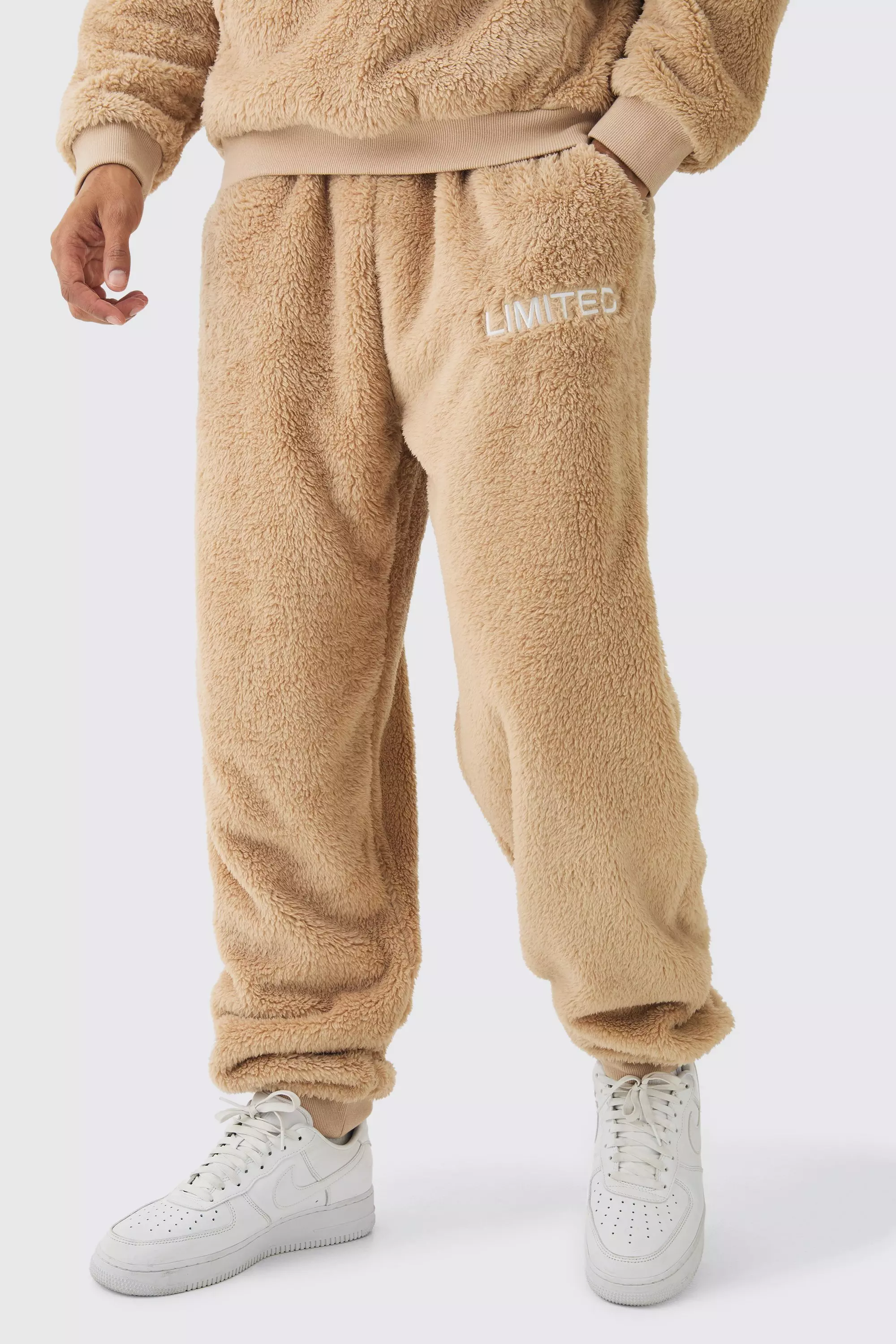 Oversized Limited Embroidered Teddy Borg Cuffed Sweatpants Stone