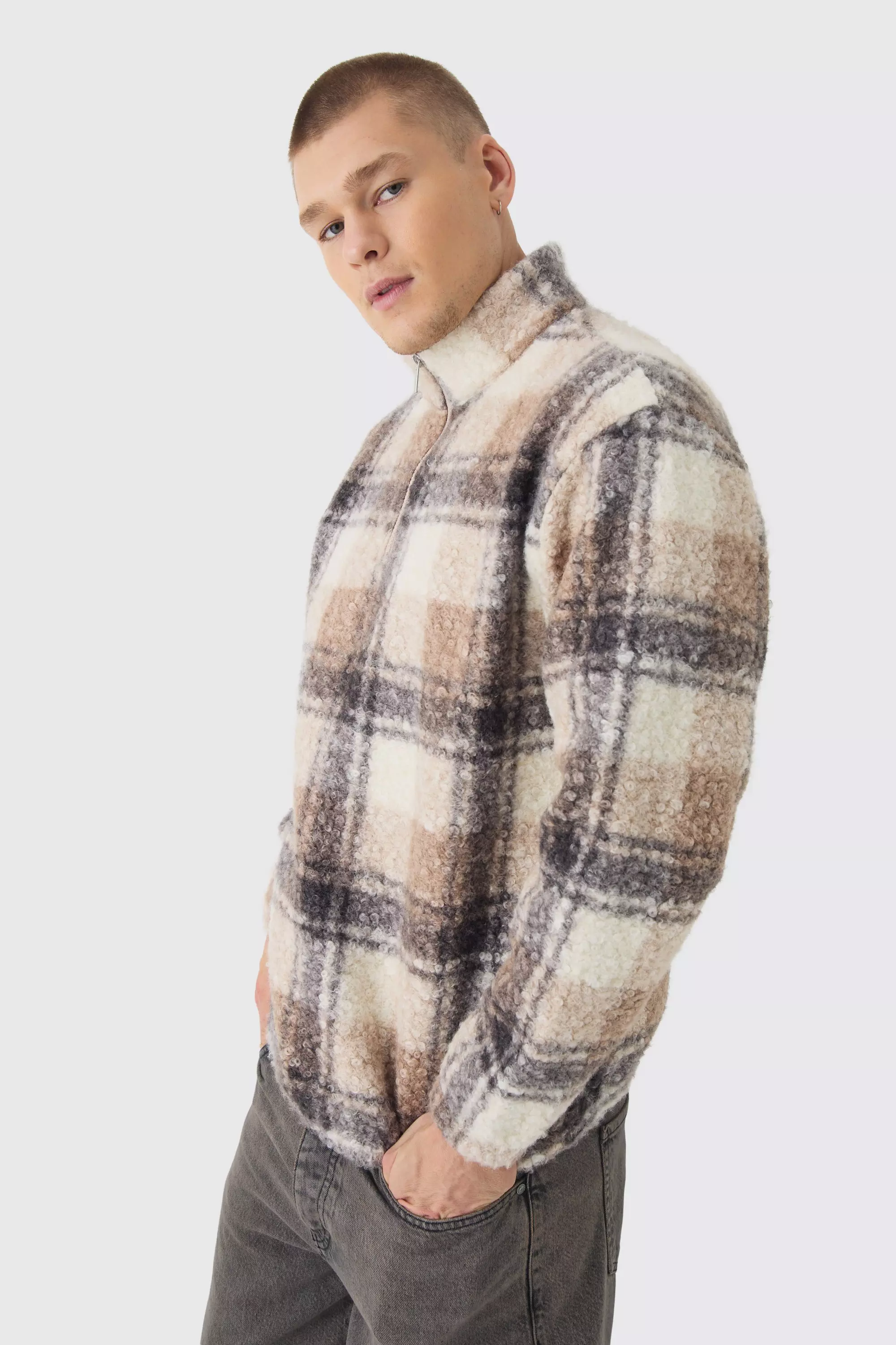 Oversized 1/4 Zip Plaid Boucle Borg Sweatshirt Brown