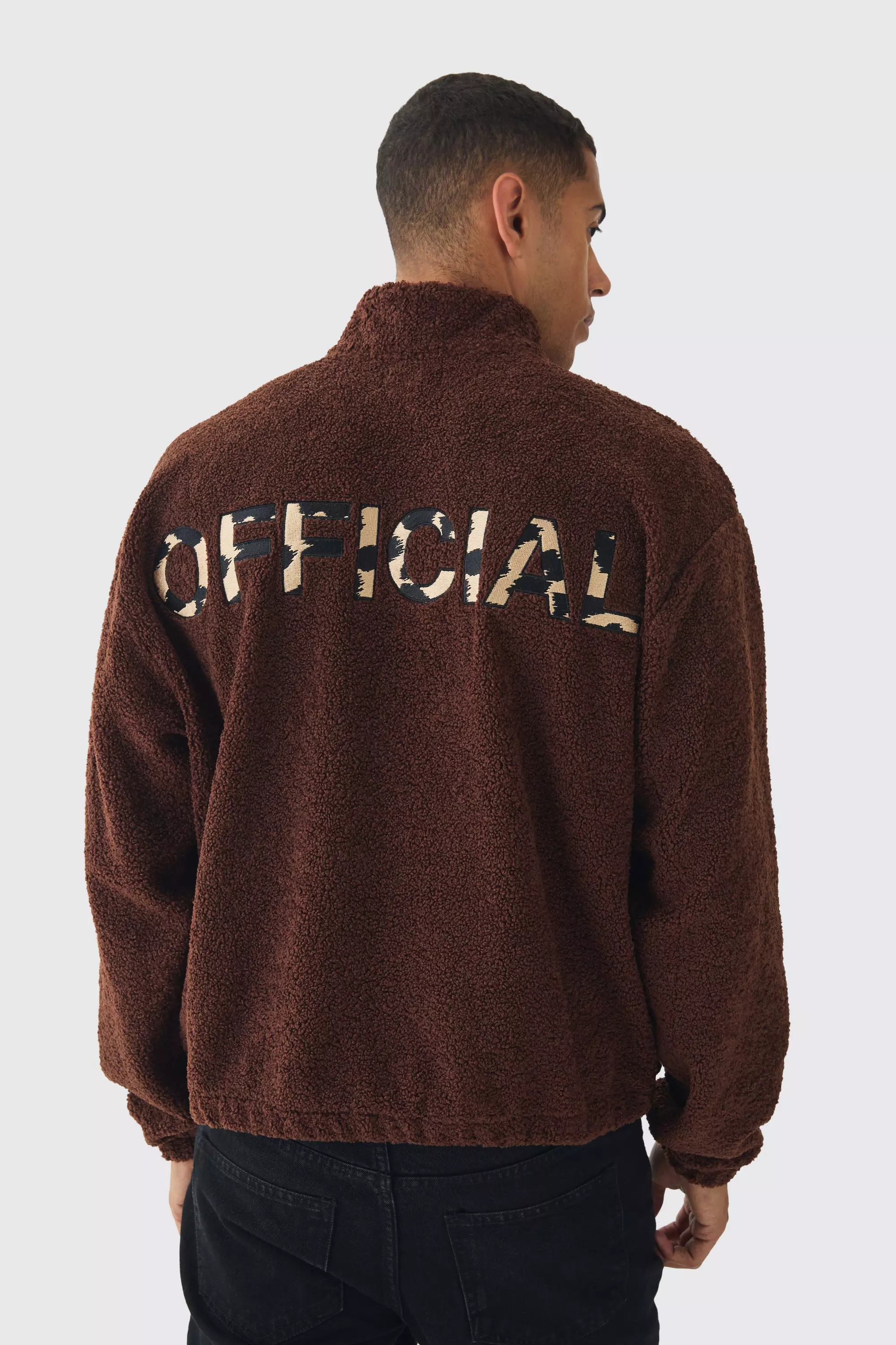 Oversized Boxy Boucle Borg Official Leopard 1/4 Zip Sweater Chocolate