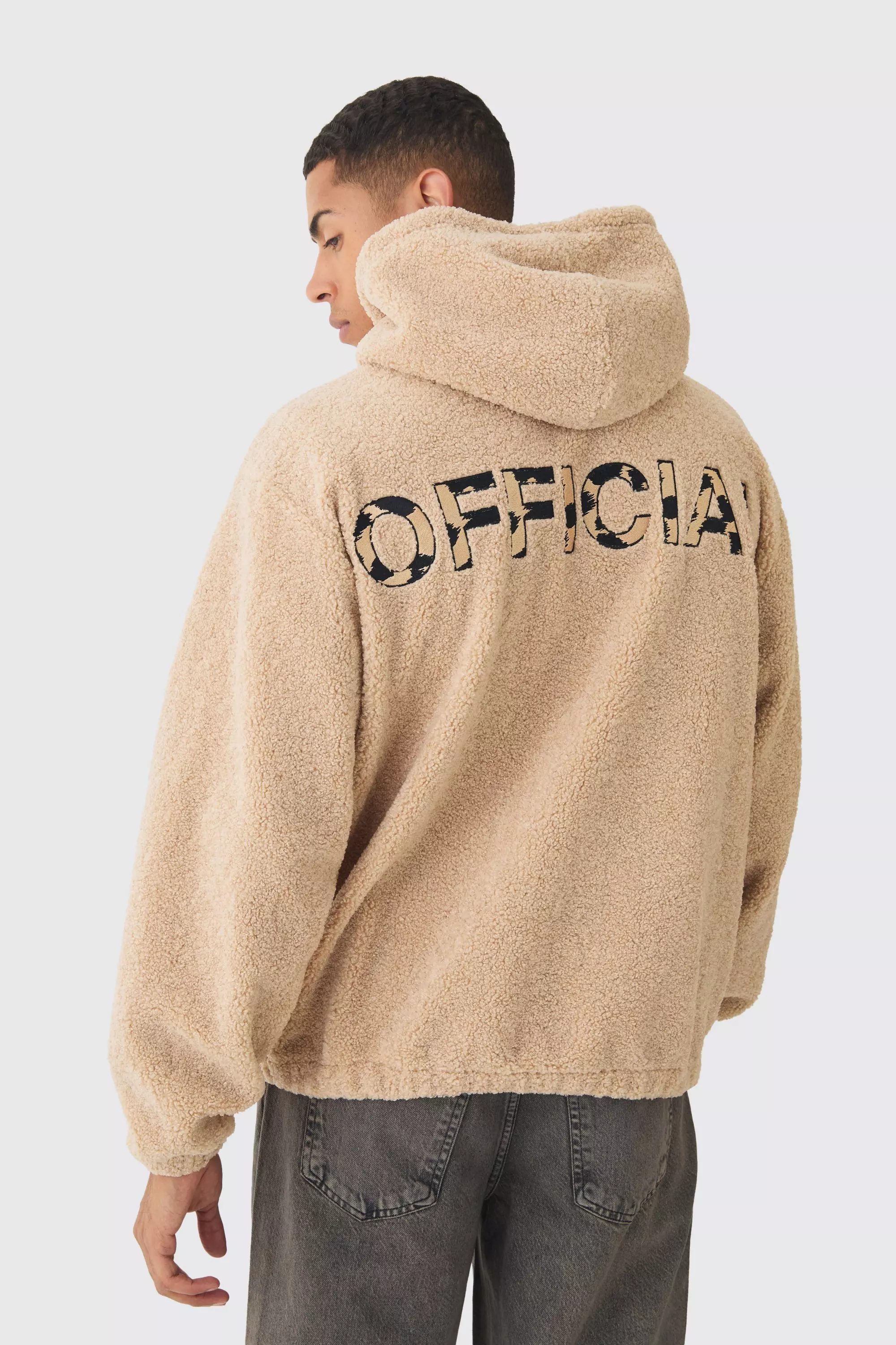 Oversized Boucle Borg Official Leopard Popper Neck Hoodie boohooMAN