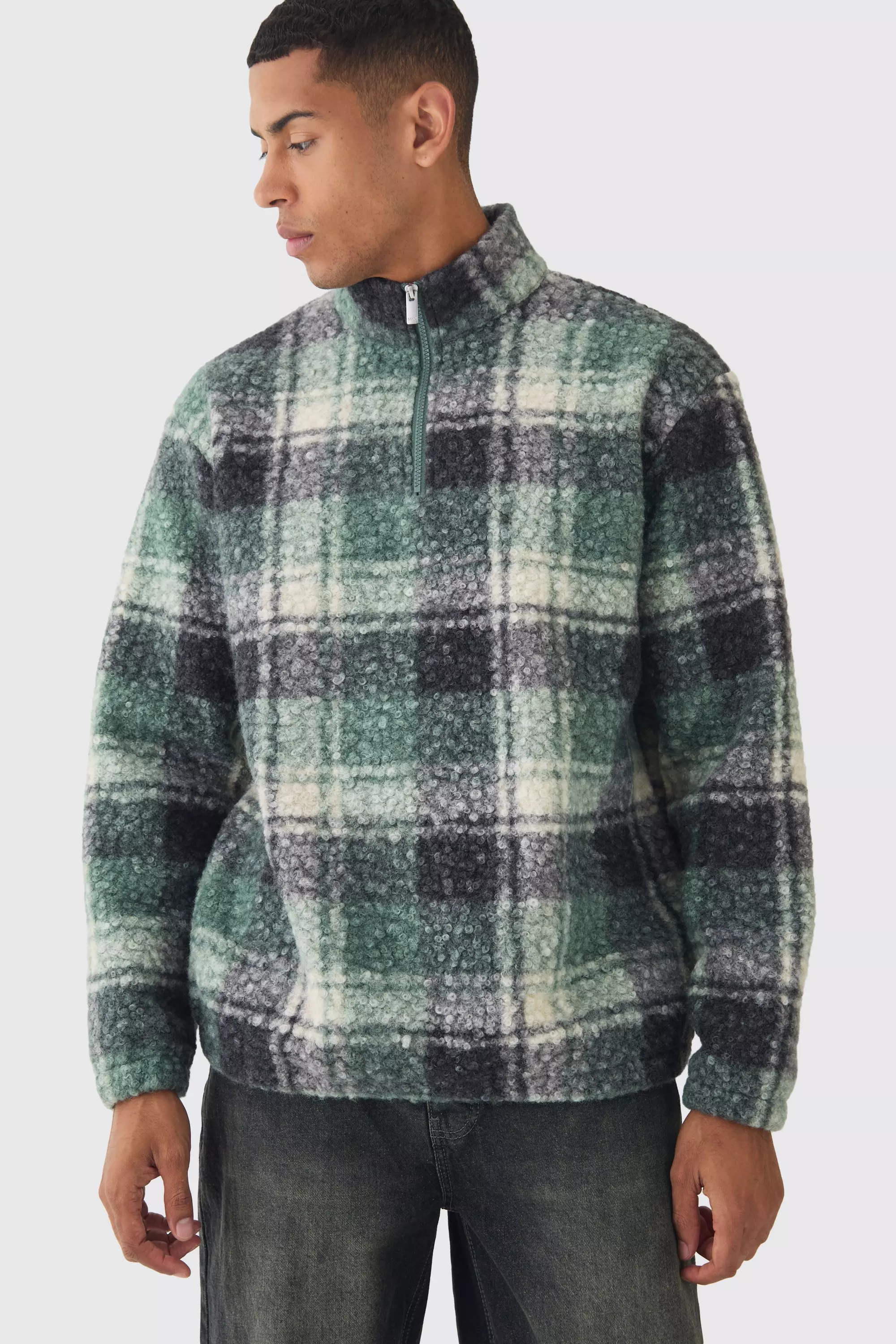 Oversized 1/4 Zip Check Boucle Borg Sweatshirt Green