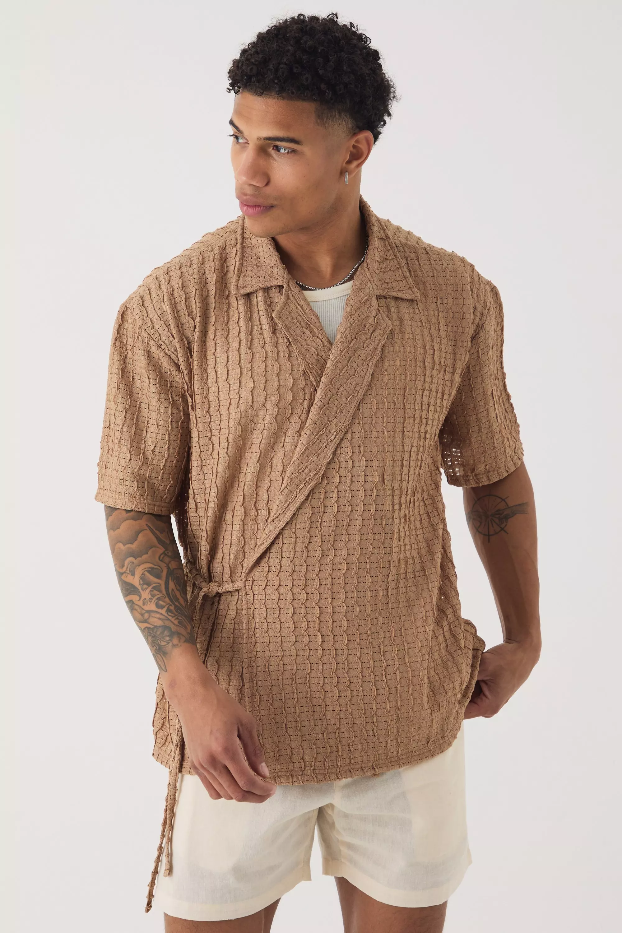 Oversized Textured Wrap Tie Half Sleeve Shirt Stone