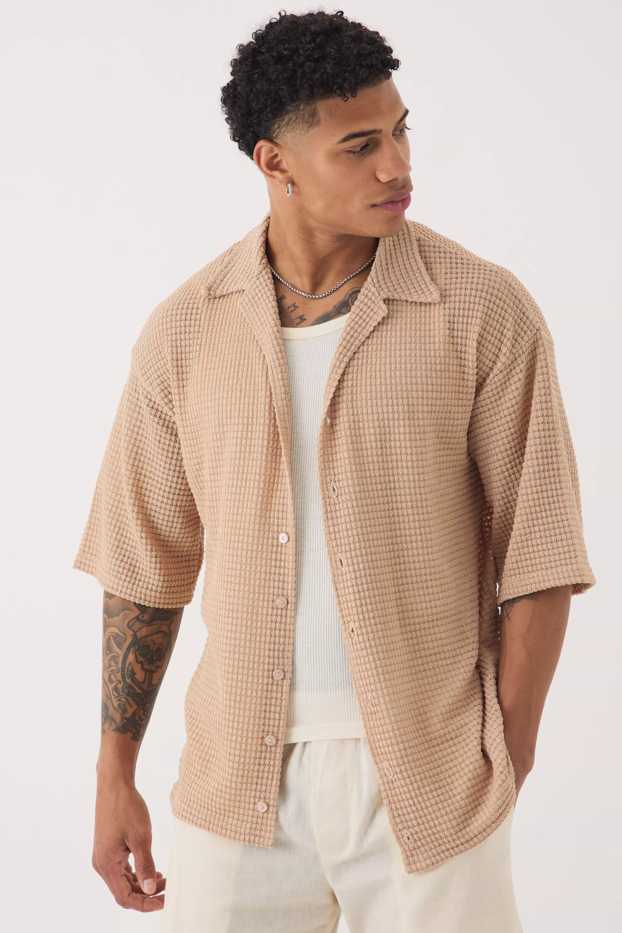 Chemise oversize boutonnée à manches courtes, Stone autre image