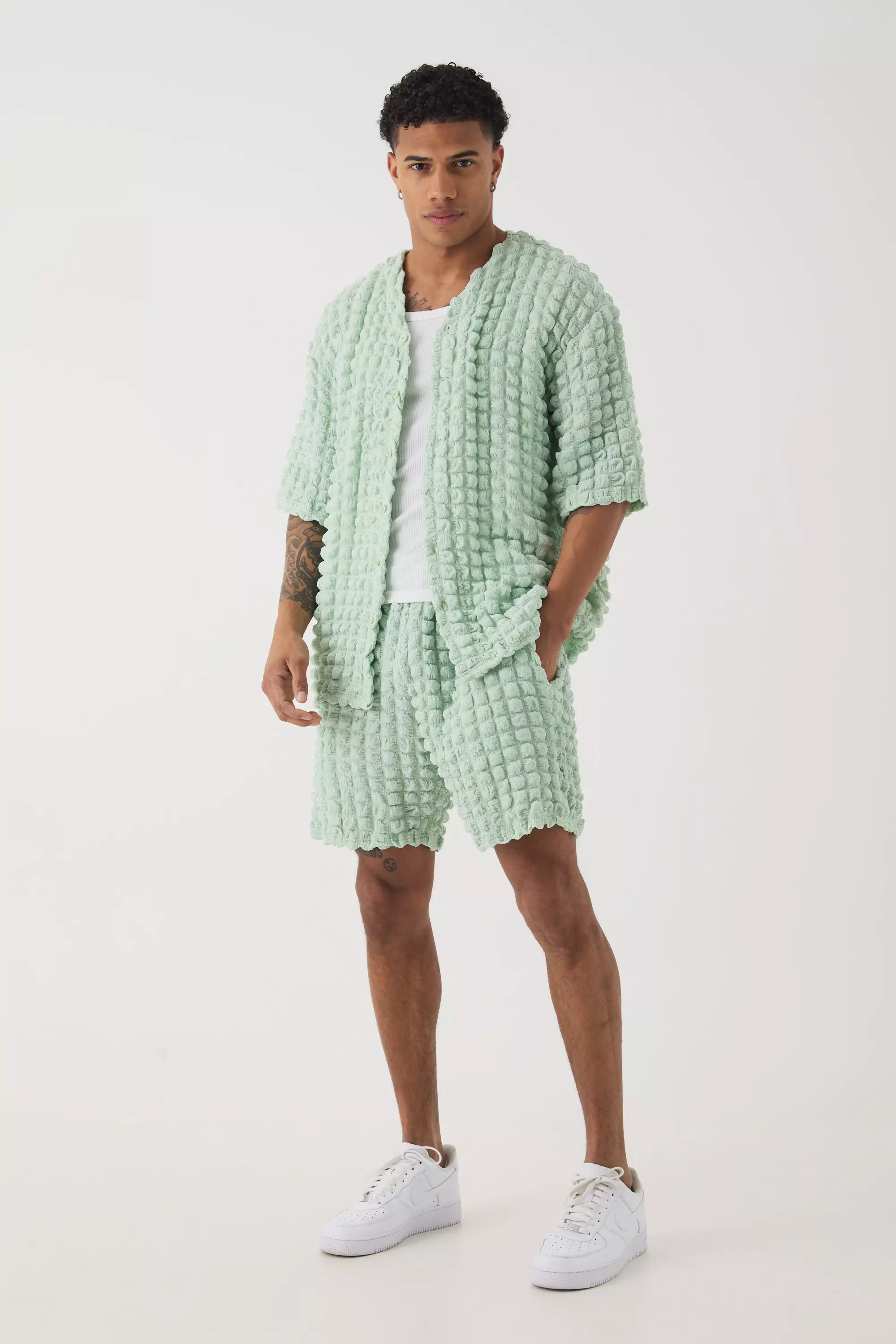 Sage Green Oversized Popcorn Collarless Polo Shirt & Shorts Set