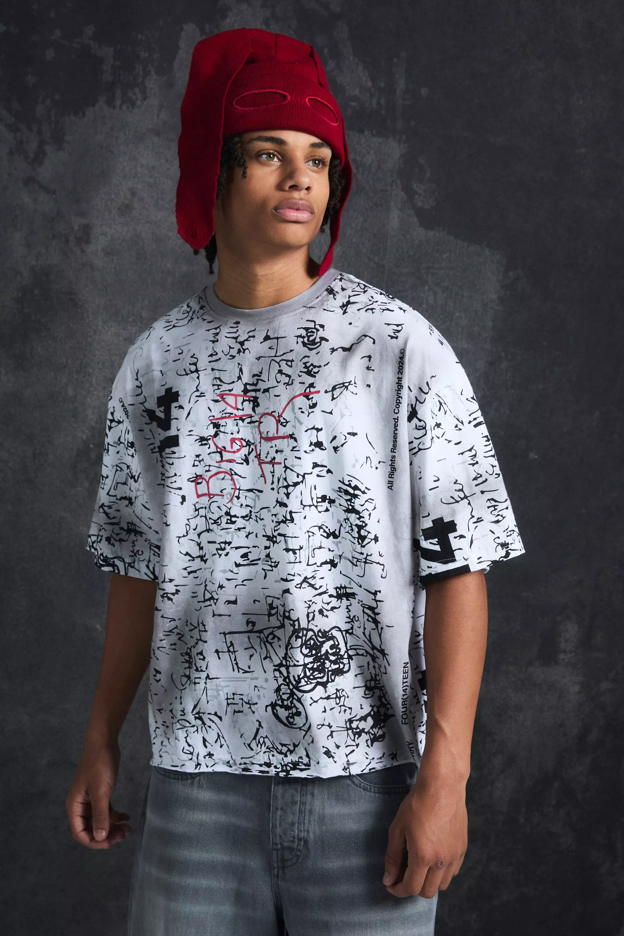 Trippie Redd Oversized Boxy Heavy Washed All Over Print T-shirt White