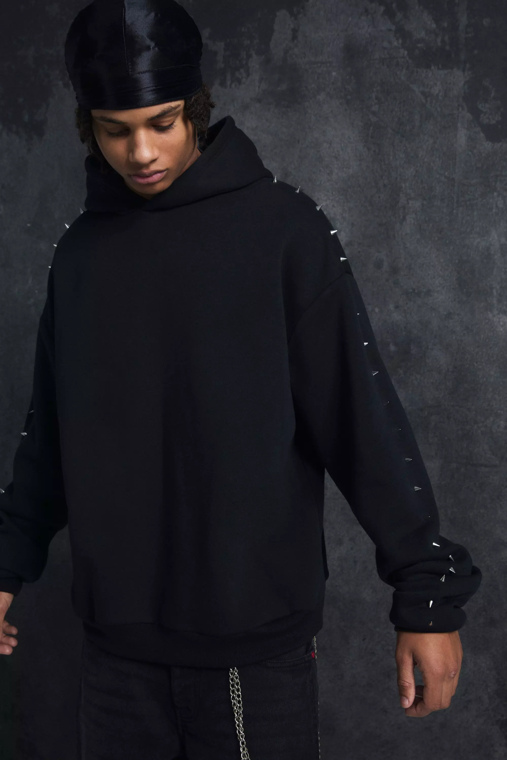 Trippie Redd Oversized Dropped Shoulder Metal Spike Hoodie Black