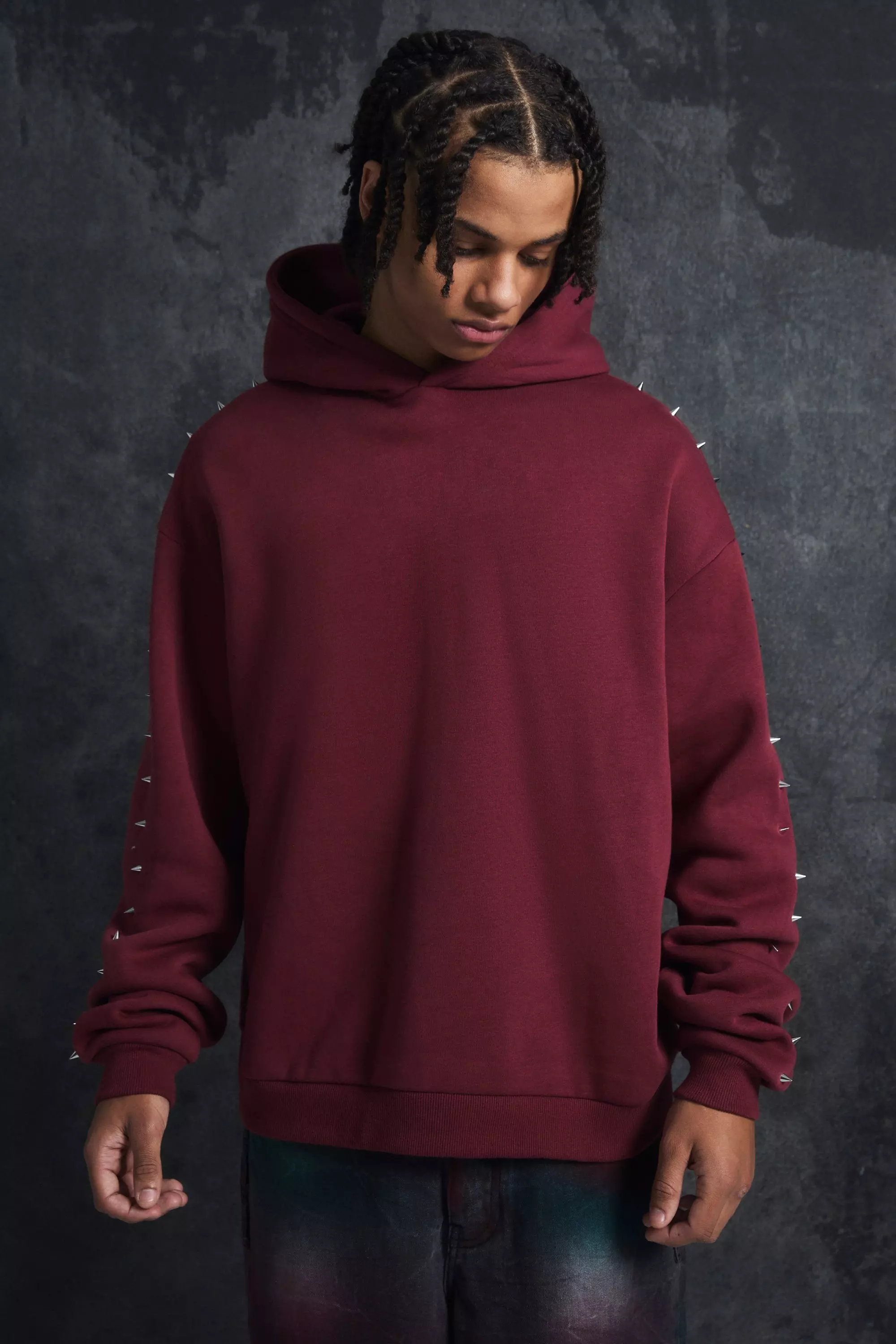 Trippie Redd Oversized Dropped Shoulder Metal Spike Hoodie Burgundy