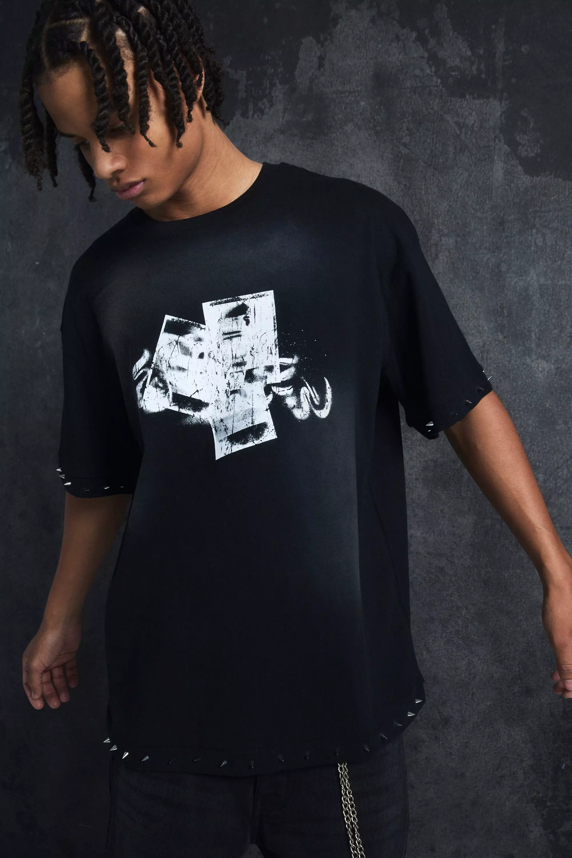 Trippie Redd Oversized Boxy Washed Heavy Weight Ring Detail T-Shirt Black