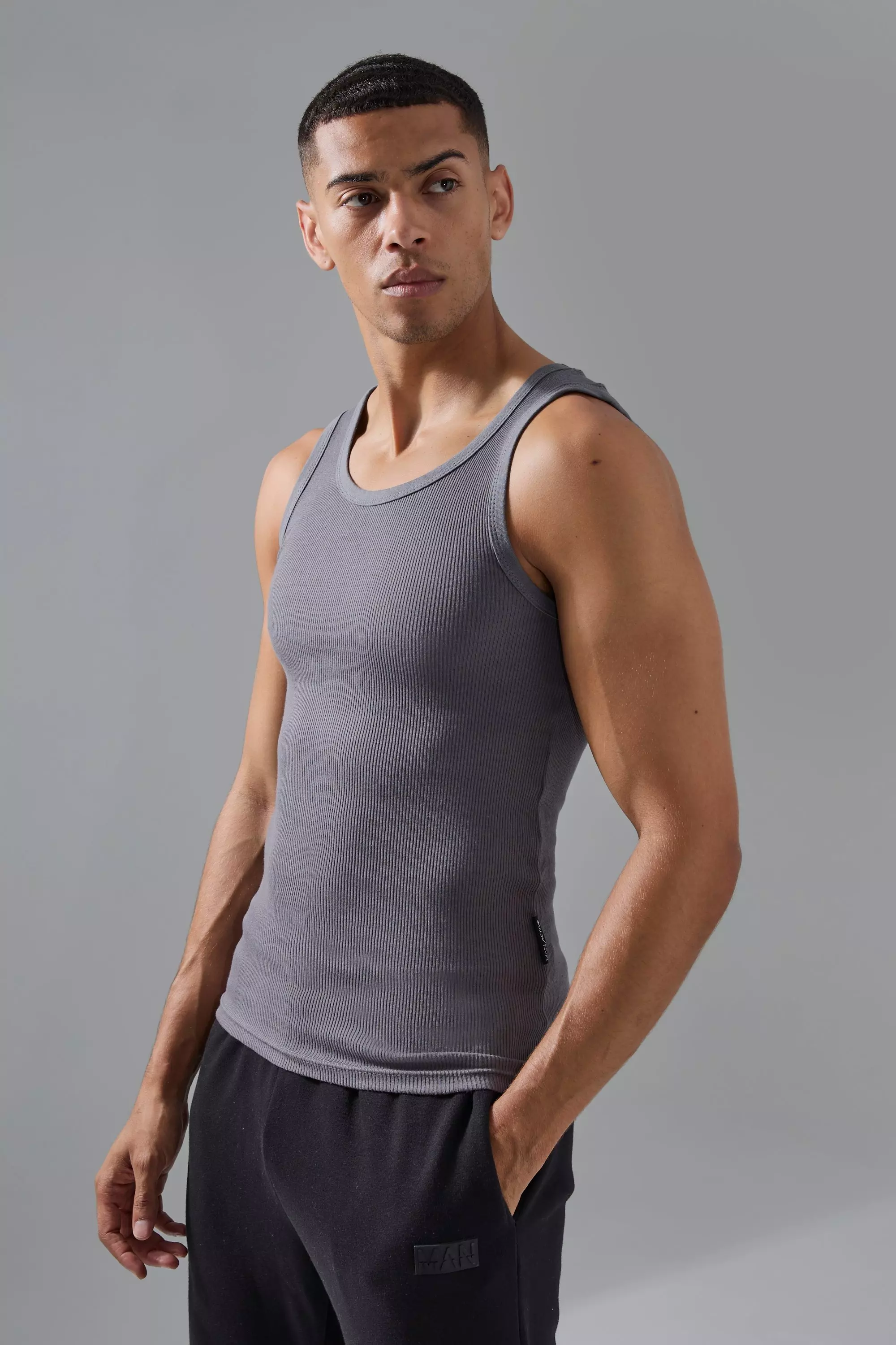 Man Active Gym Muscle Fit Ribbed Vest Charcoal