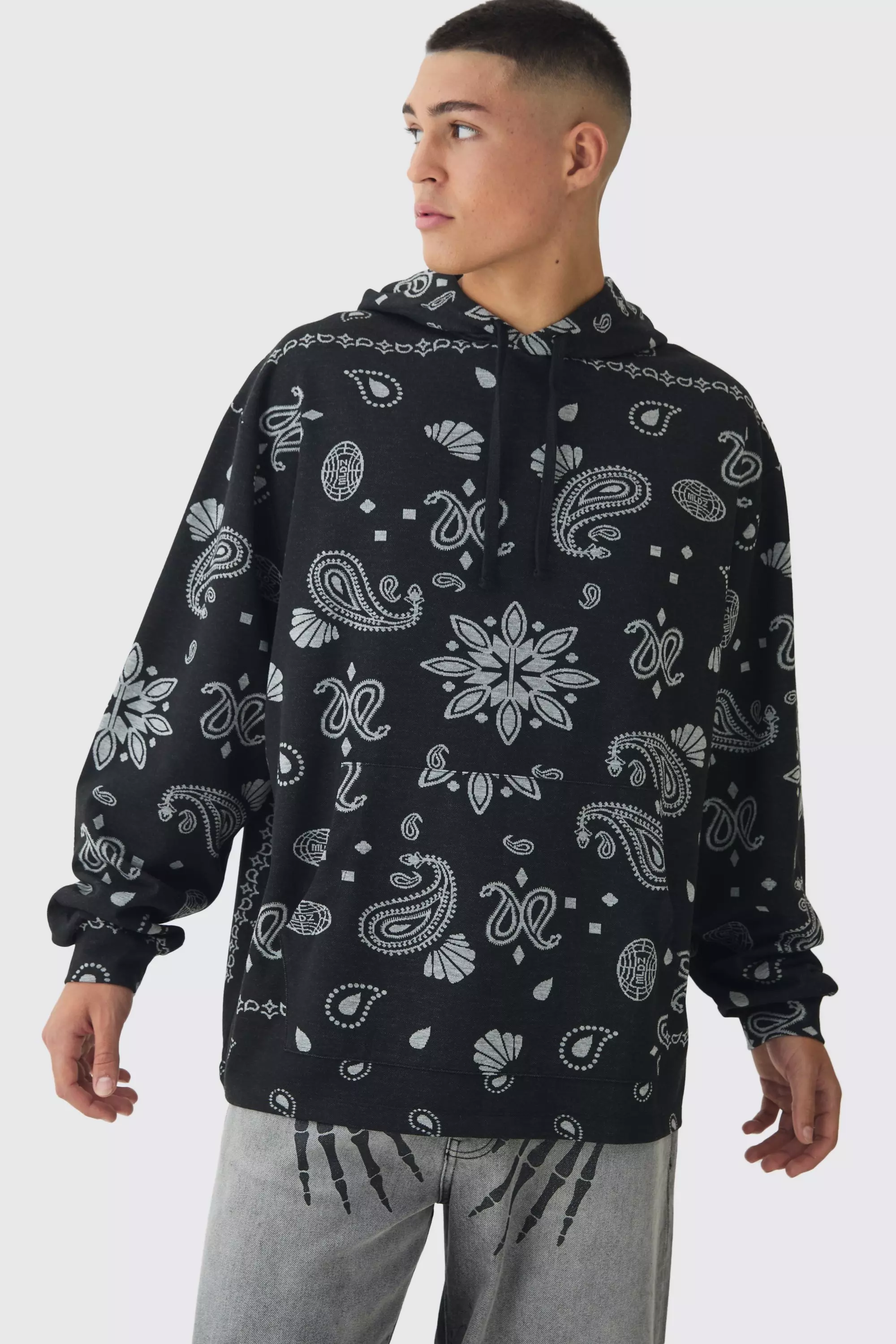 Oversized Paisley Jacquard Hoodie boohooMAN UK