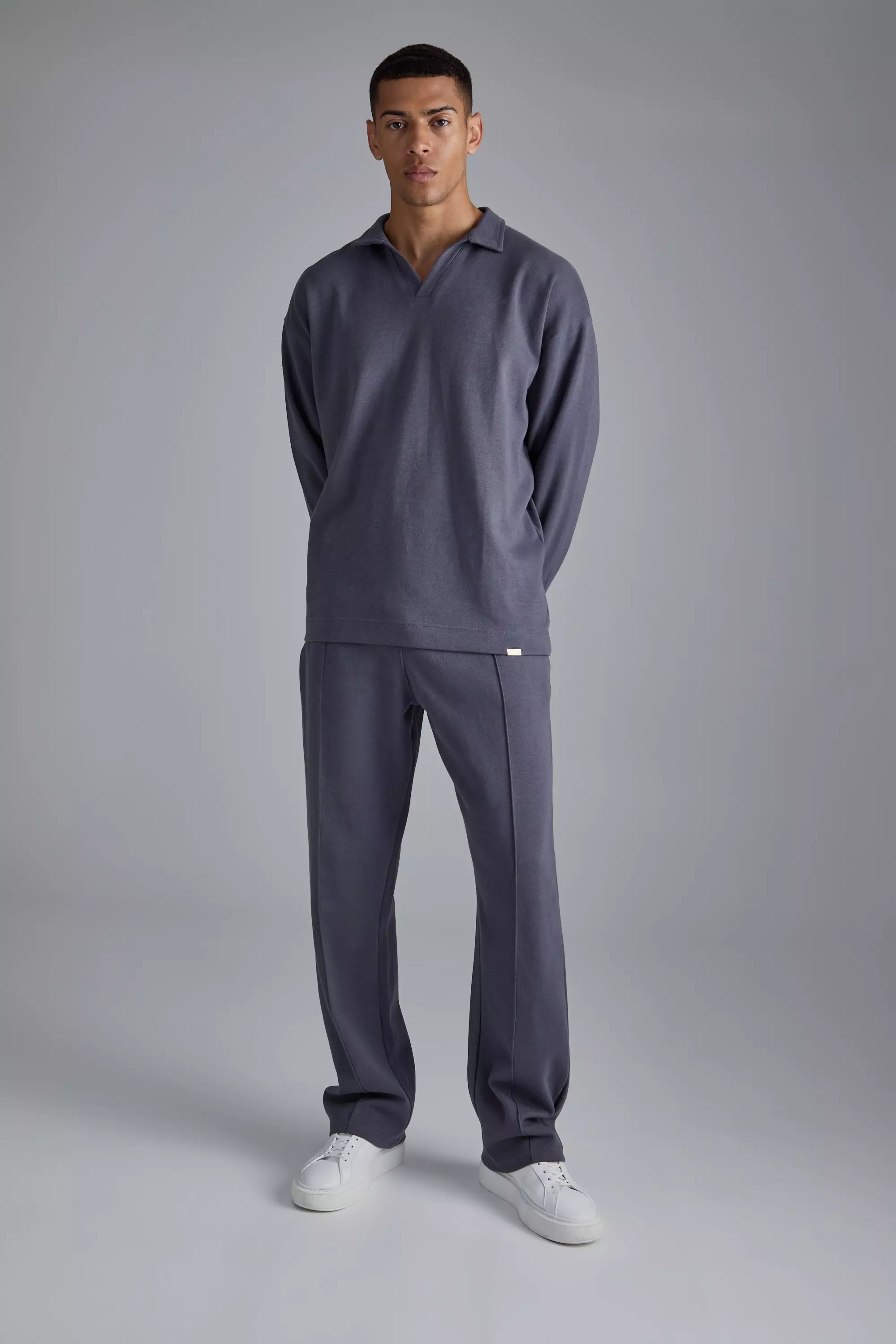 Charcoal Grey Oversized Interlock Rugby Polo And Sweatpants Set