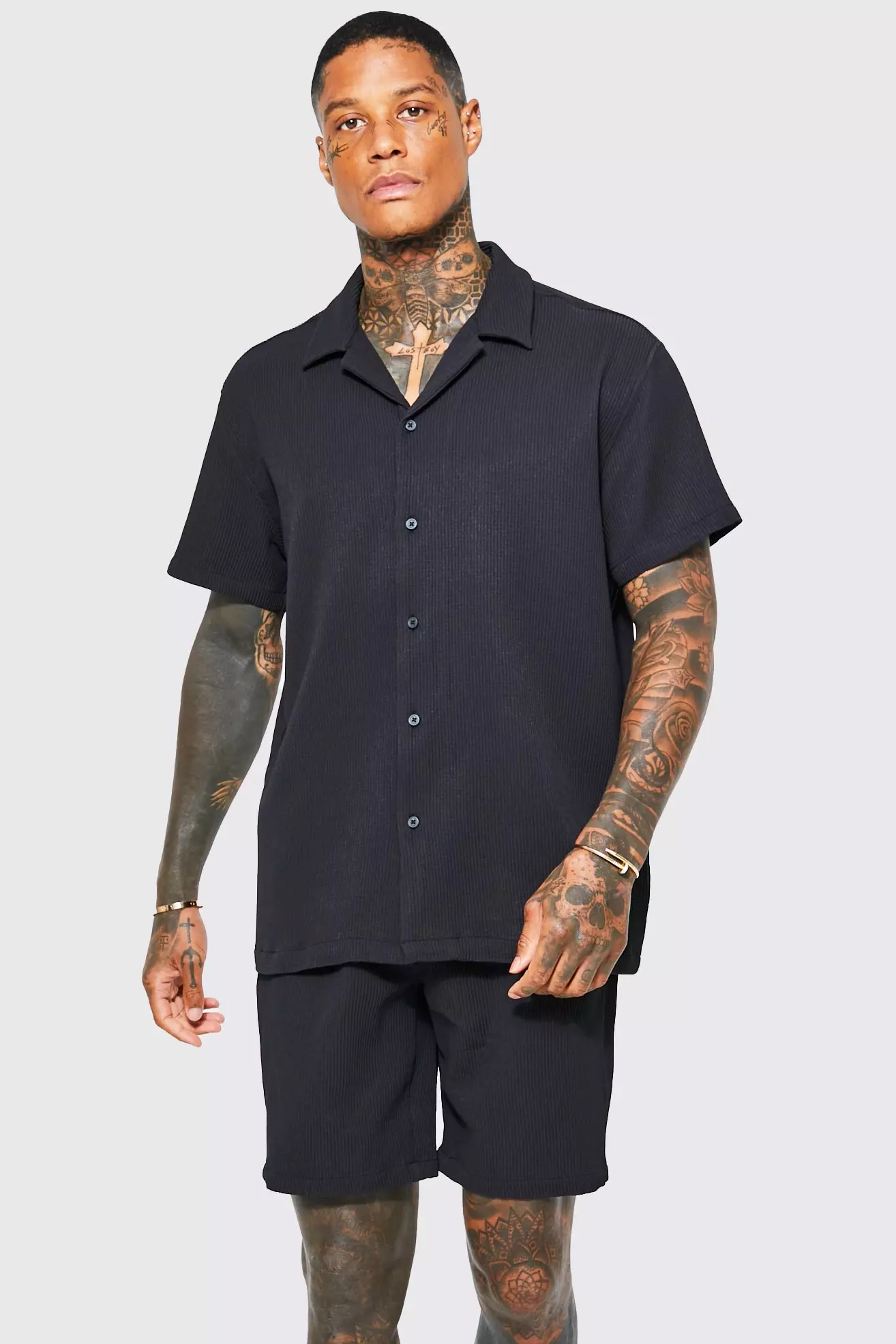 Oversized Short Sleeve Pleated Shirt And Short Black